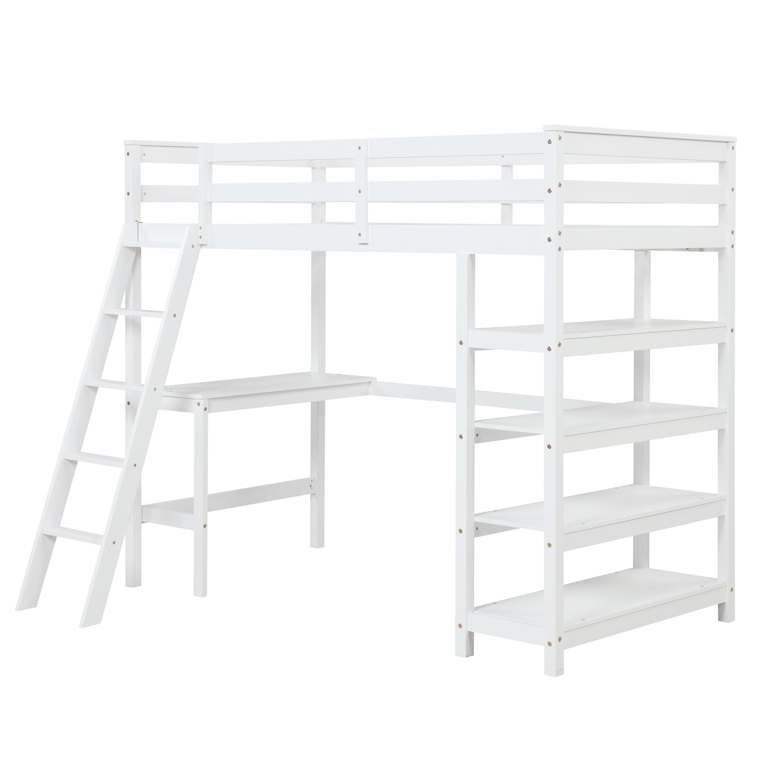 Twin Loft Bed with desk,ladder,shelves , White