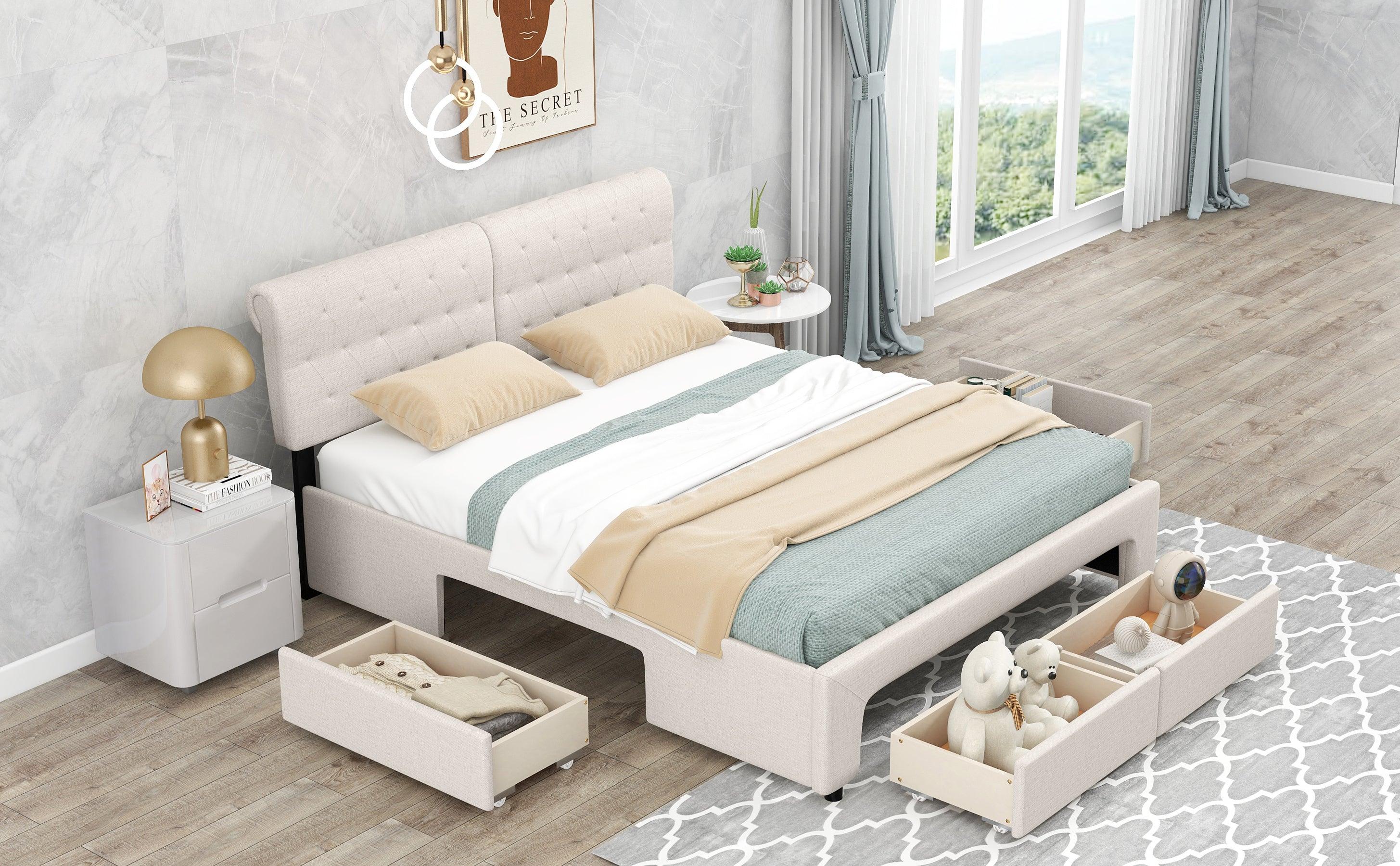 Queen Size Upholstery Platform Bed with Four Drawers,Beige