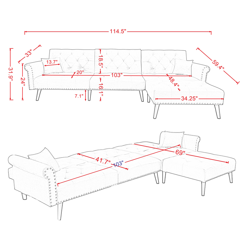 Convertible Sofa bed sleeper red velvet(W223S00006、W223S00458、W223S00712、W223S00873。Size difference, See Details in page.)