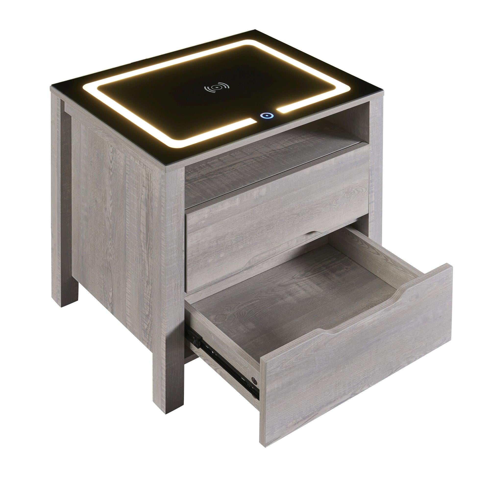 MultifunctionalStorage Nightstand with 2 Drawers and an open shelf, Wireless Charging with adjustable LED, Brown