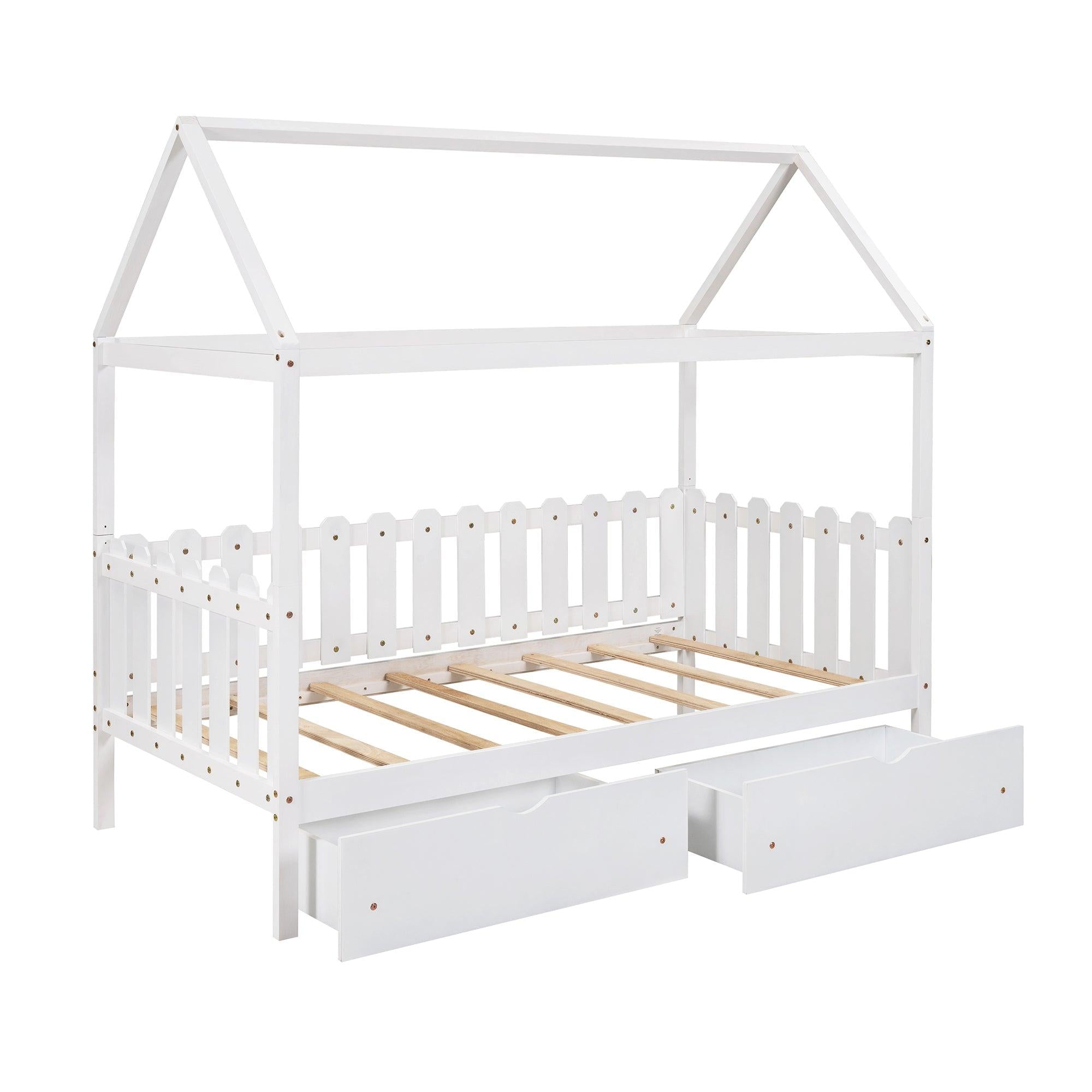 Twin Size House Bed with drawers, Fence-shaped Guardrail, White