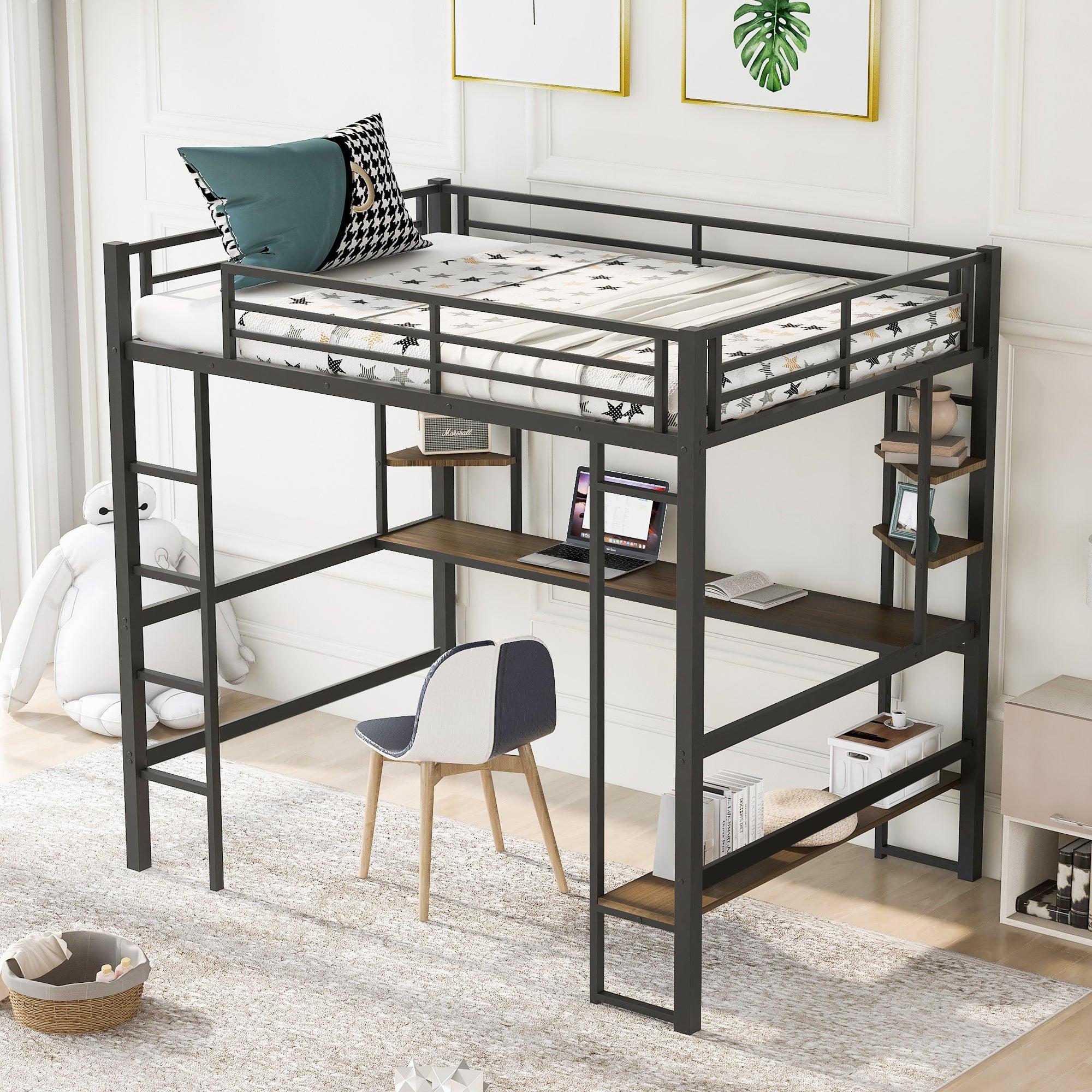 Full Size Loft Metal&MDF Bed with Long Desk and Shelves,Black