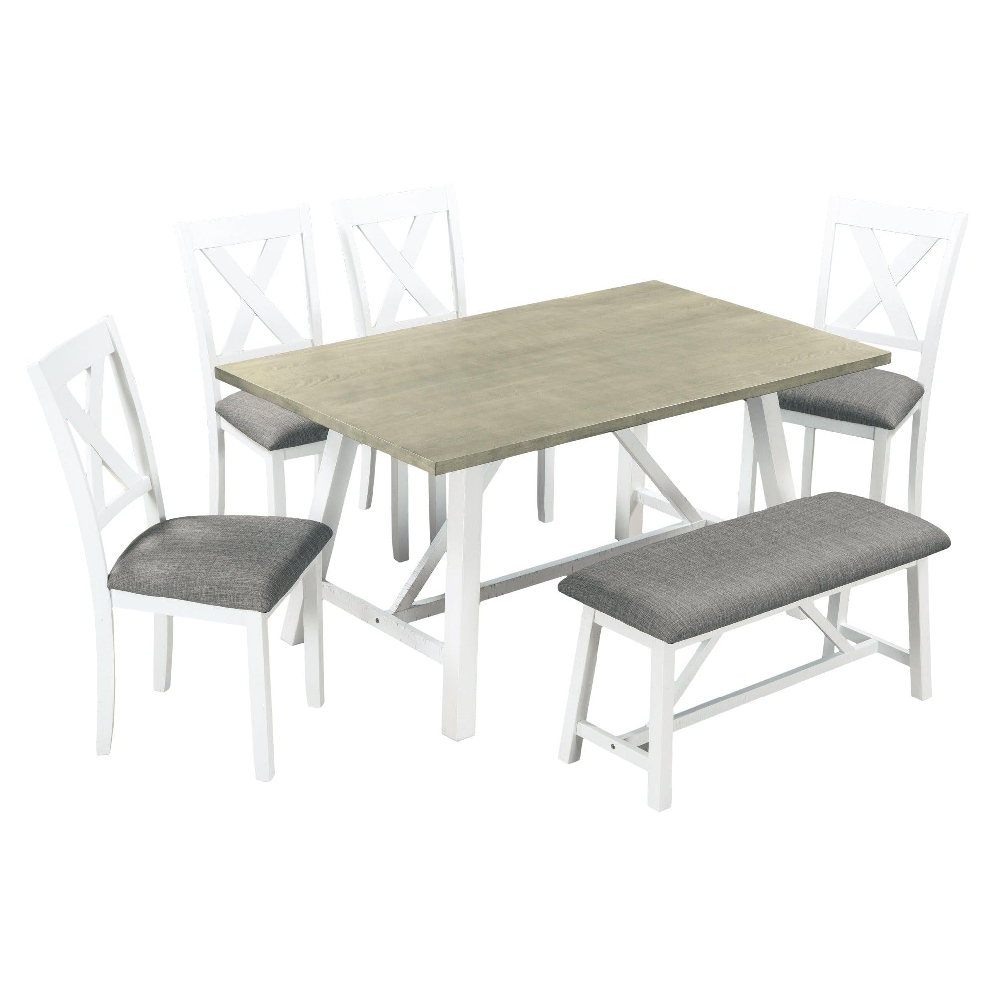 6 Piece Dining Table Set Wood Dining Table and chair Kitchen Table Set with Table, Bench and 4 Chairs, Rustic Style,White+Gray