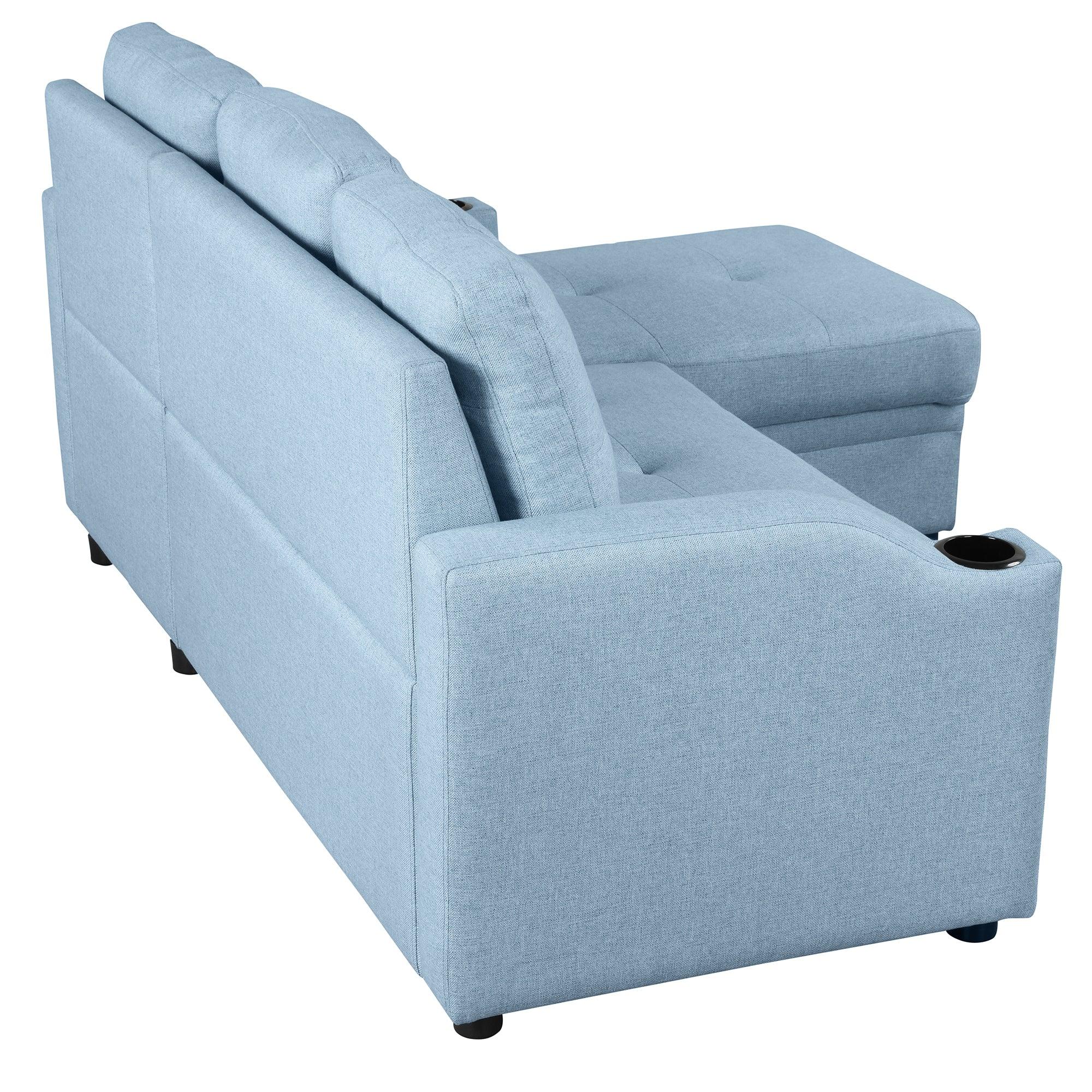 80.3"  Pull Out Sofa BedModern Padded Upholstered Sofa Bed , Linen Fabric 3 Seater Couch withStorage Chaise and Cup Holder , Small Couch for Small Spaces