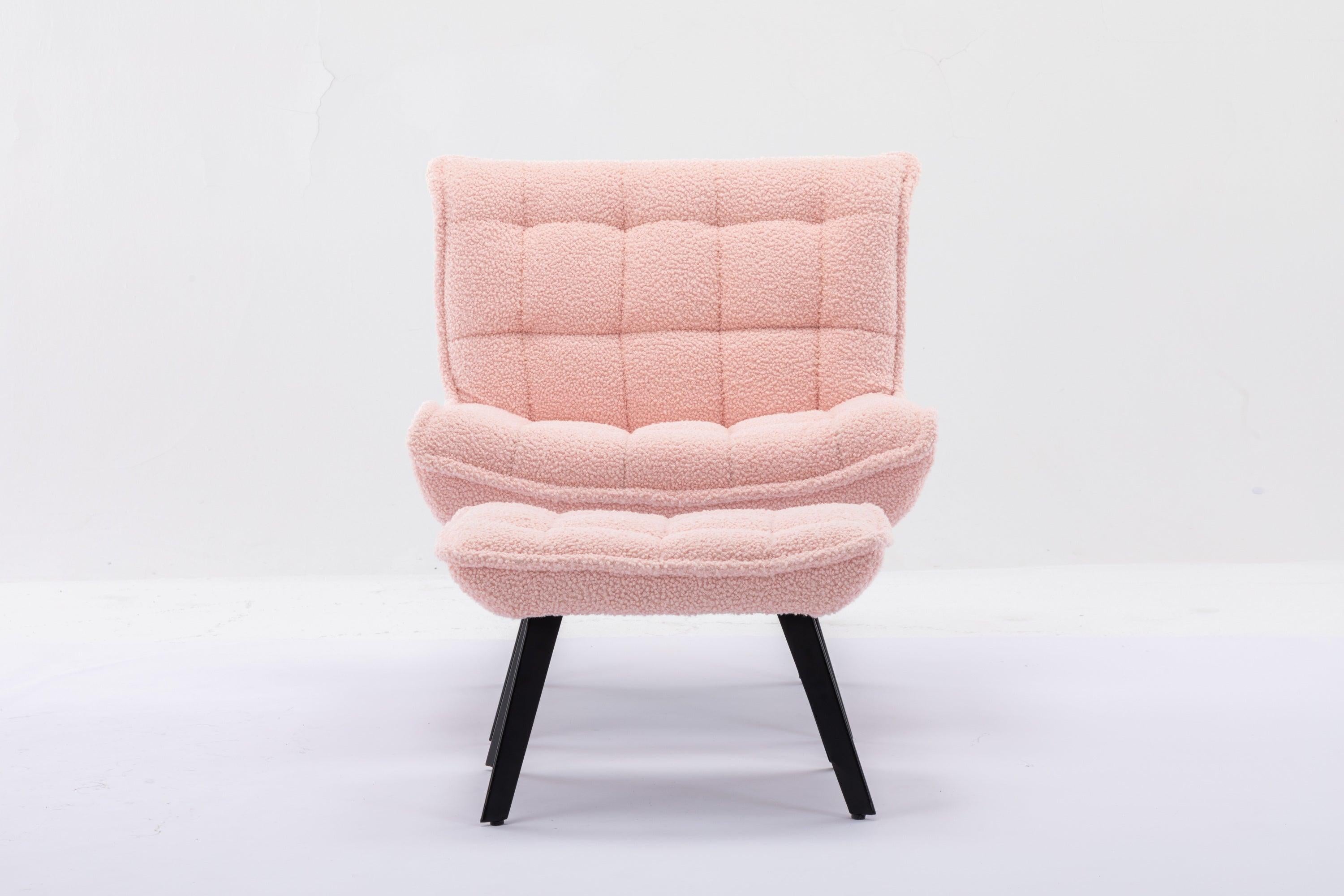 Modern Soft Teddy Fabric Material Large Width Accent Chair Leisure Chair Armchair TV Chair Bedroom Chair With Ottoman Black Legs For Indoor Home And Living Room,Pink