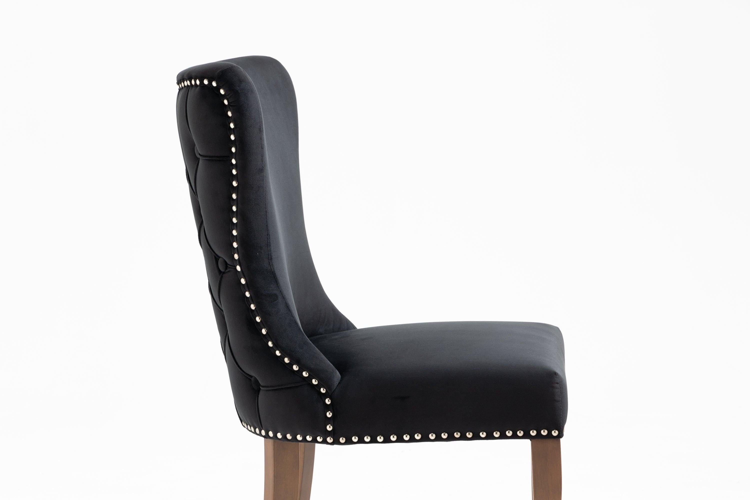 Set of 2 Velvet Upholstered Dining chair with Designed Back and Nailhead trim and Solid Wood Legs BLACK