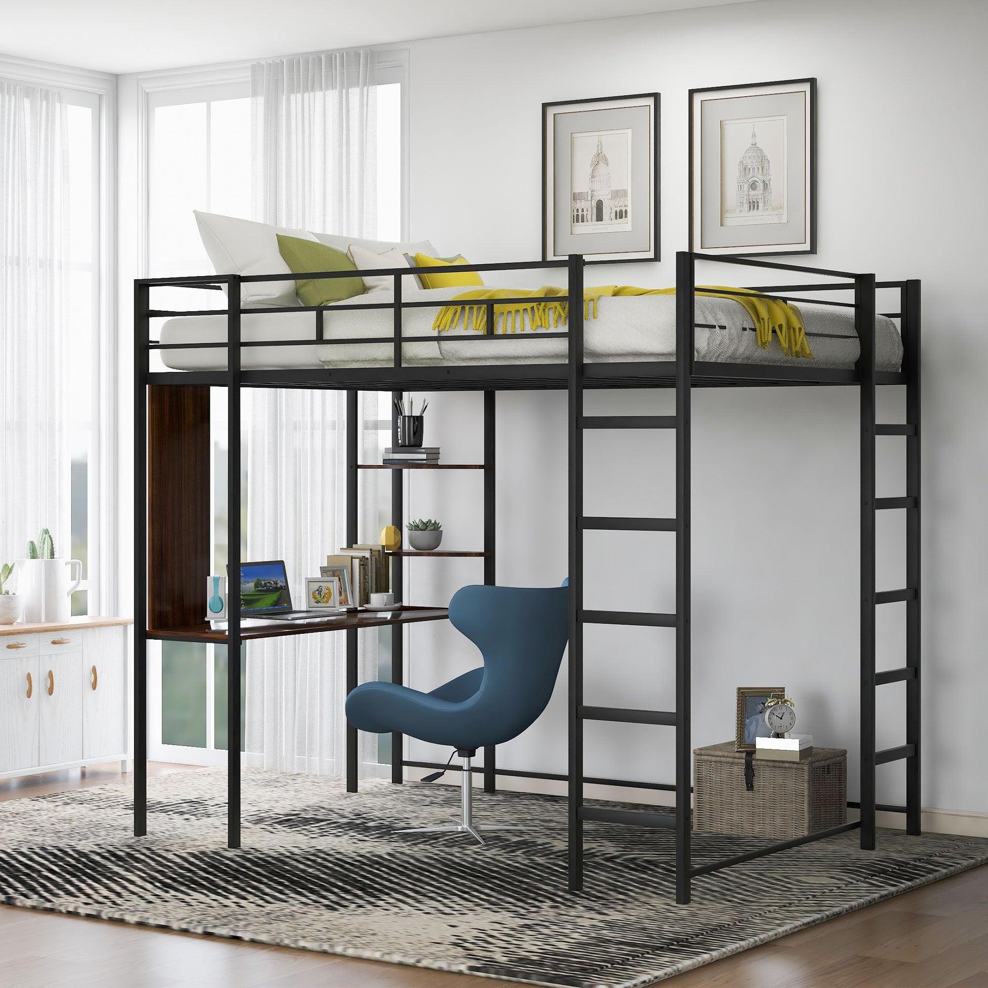 Full Size Metal Loft Bed with 2 Shelves and one Desk ,Black image