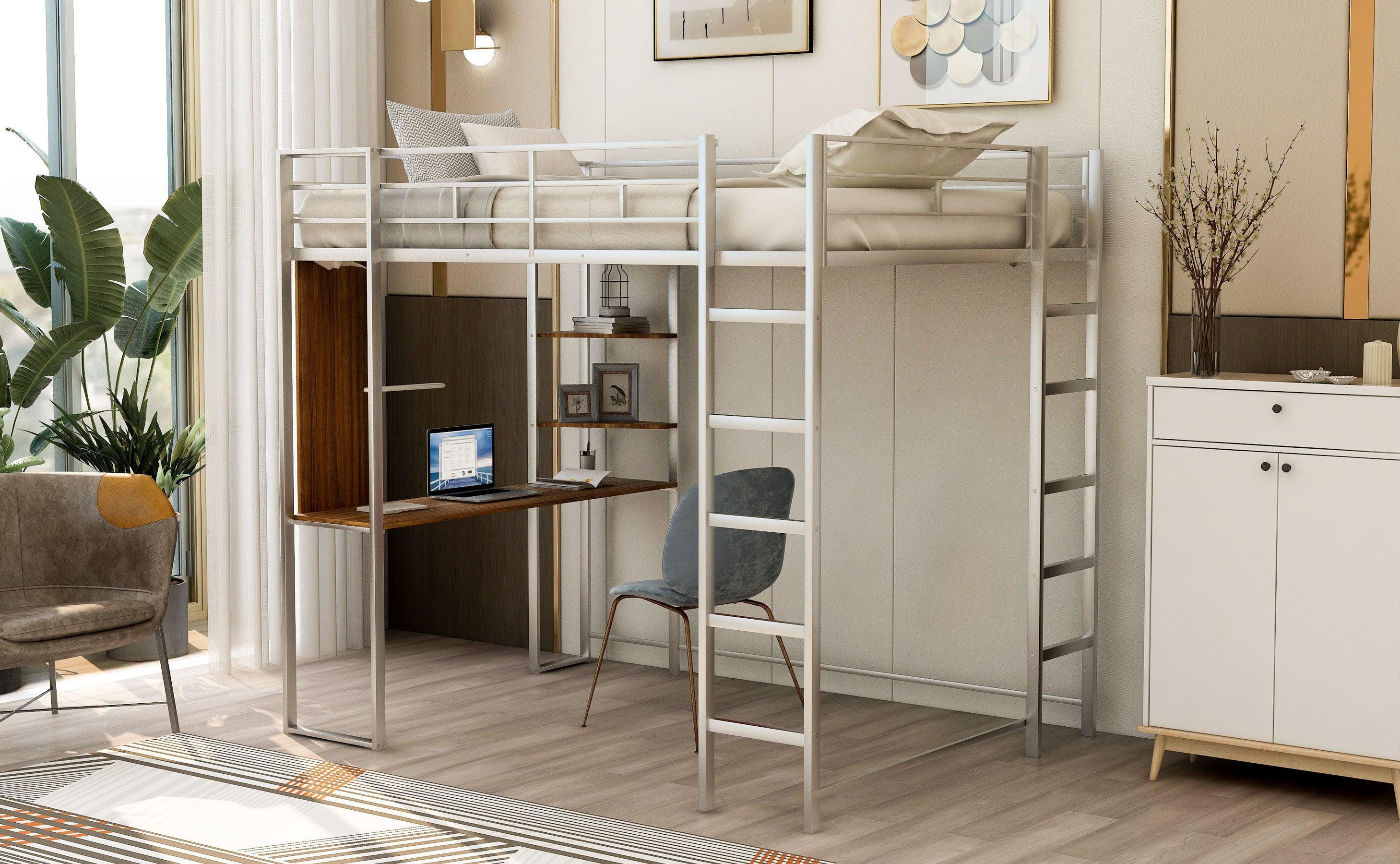 Full Size Metal Loft Bed with 2 Shelves and one Desk ,Silver