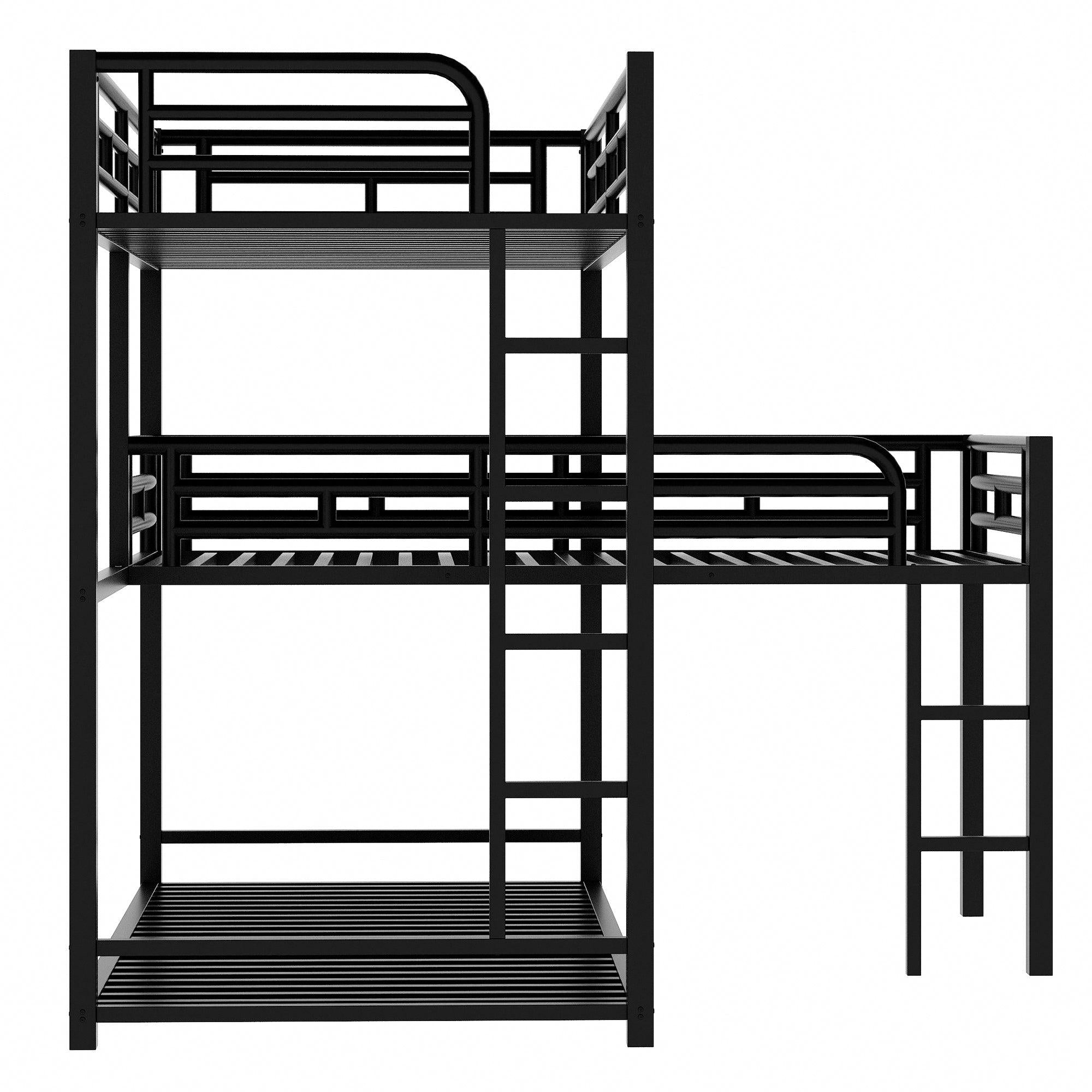 L-shaped Metal Triple Twin Size Bunk Bed, Black