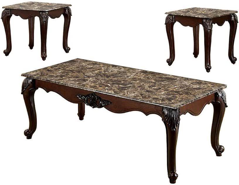 Formal Traditional 3pc Table set Occasional Tables Living Room Furniture 1x Coffee Table And 2x End Tables Faux Marble Top Intricate Design