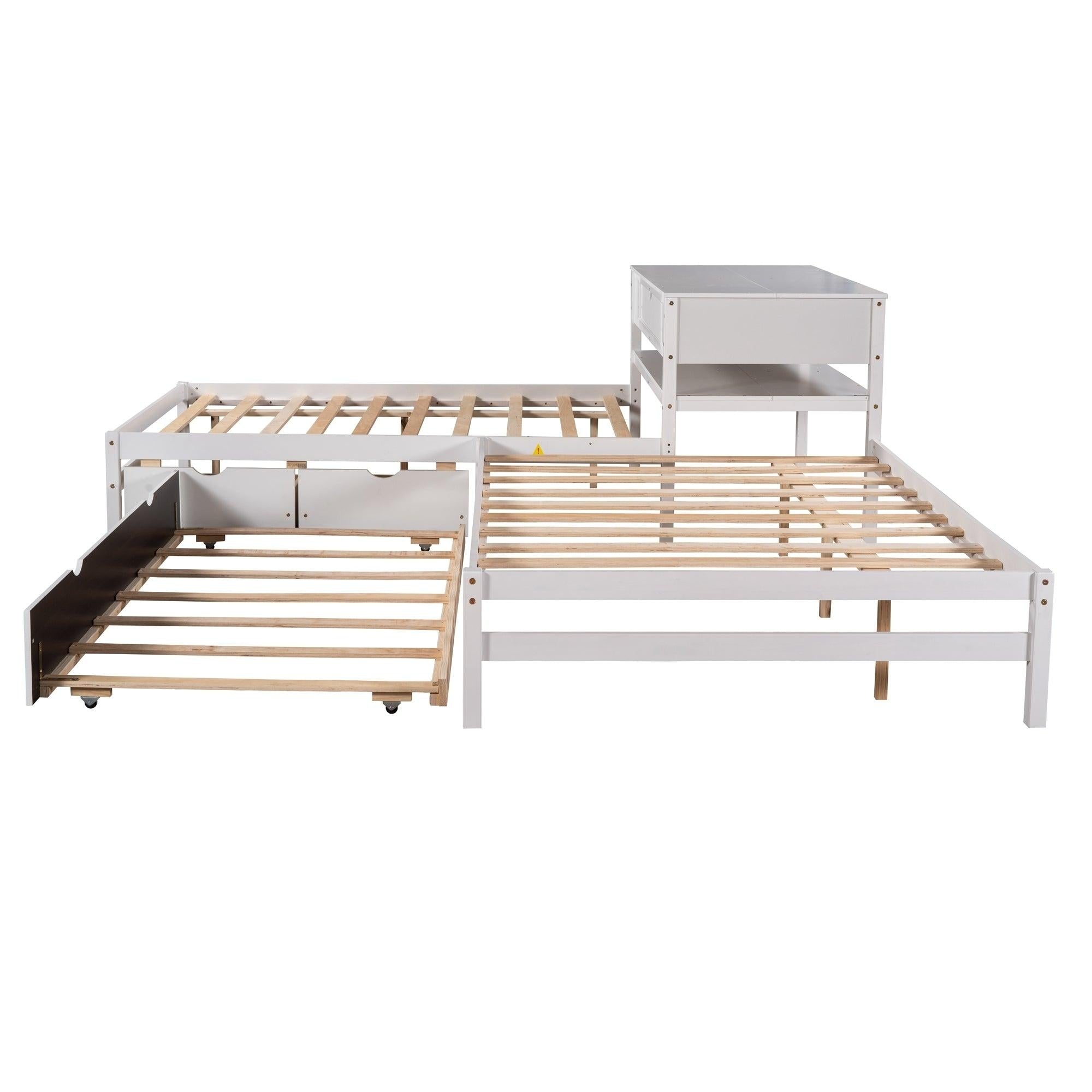 Full Size L-shaped Platform Beds with Twin Size Trundle and Drawers Linked with Built-in Rectangle Table,White