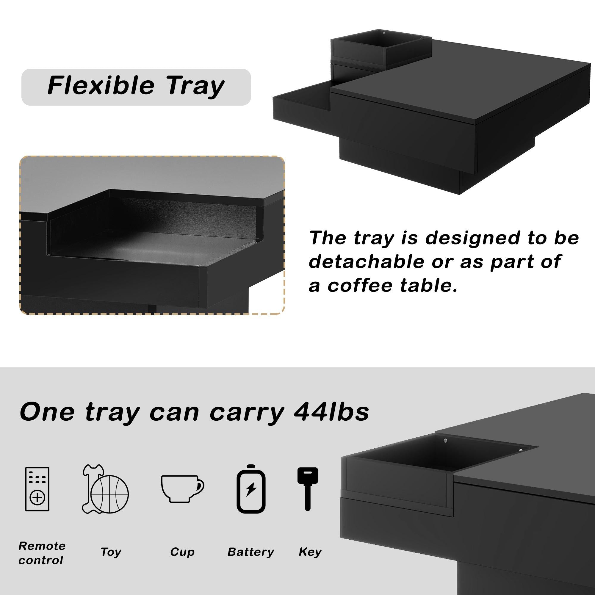 Modern Minimalist Design 31.5*31.5in Square Coffee Table with Detachable Tray and Plug-in 16-color LED Strip Lights Remote Control for Living Room