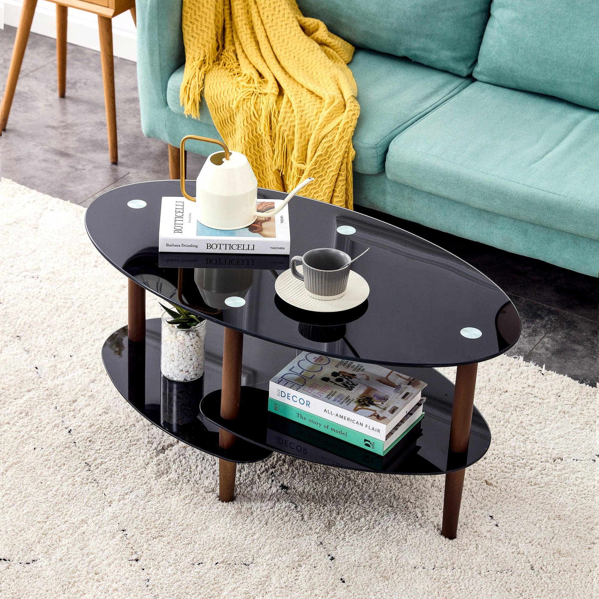 Black Oval glass coffee table,Modern table in living room Oak wood leg tea table 3-layer  glass table