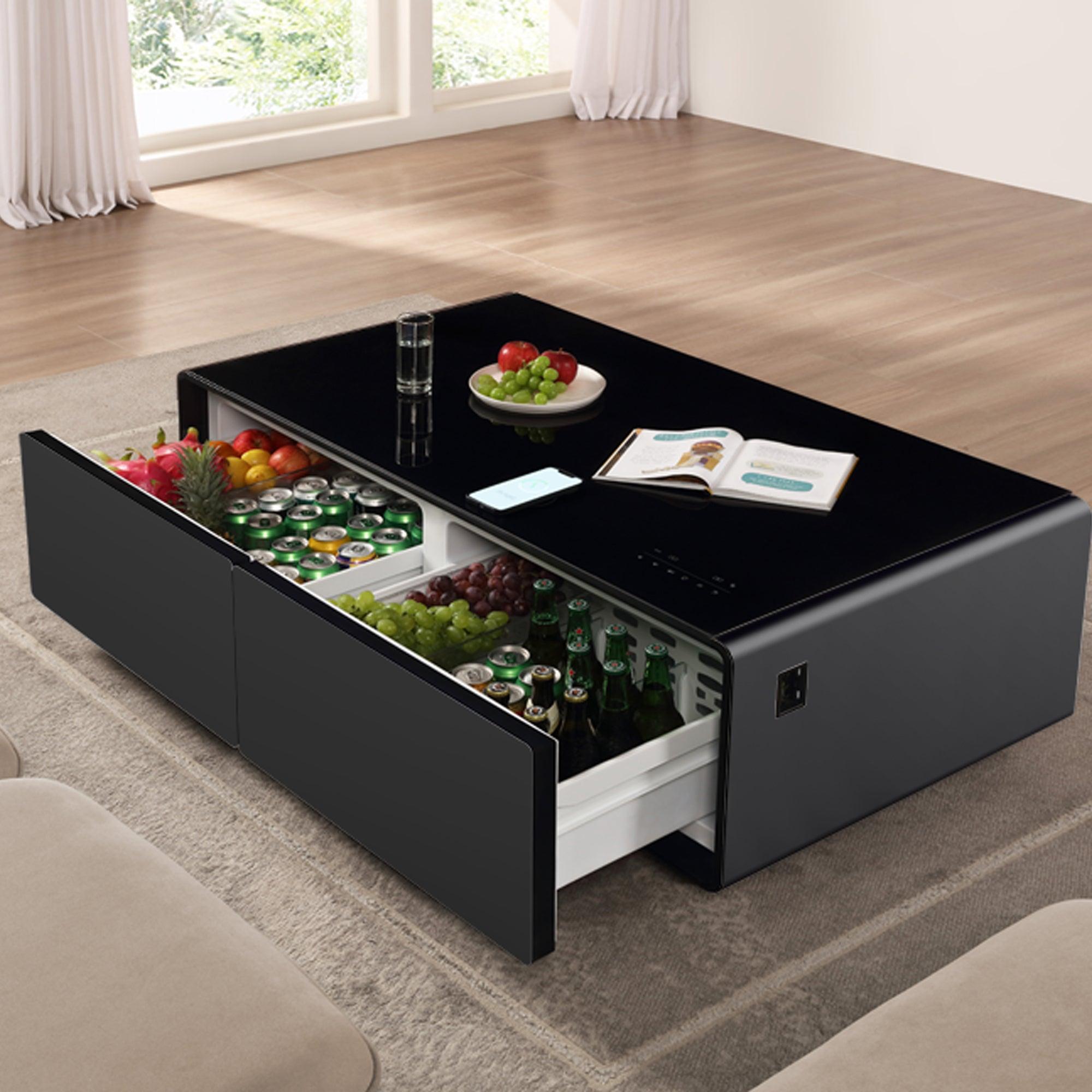 Modern Smart Coffee Table with Built-in Fridge, Bluetooth Speaker, Wireless Charging Module, Touch Control Panel, Power Socket, USB Interface, Outlet Protection, Atmosphere light, and More