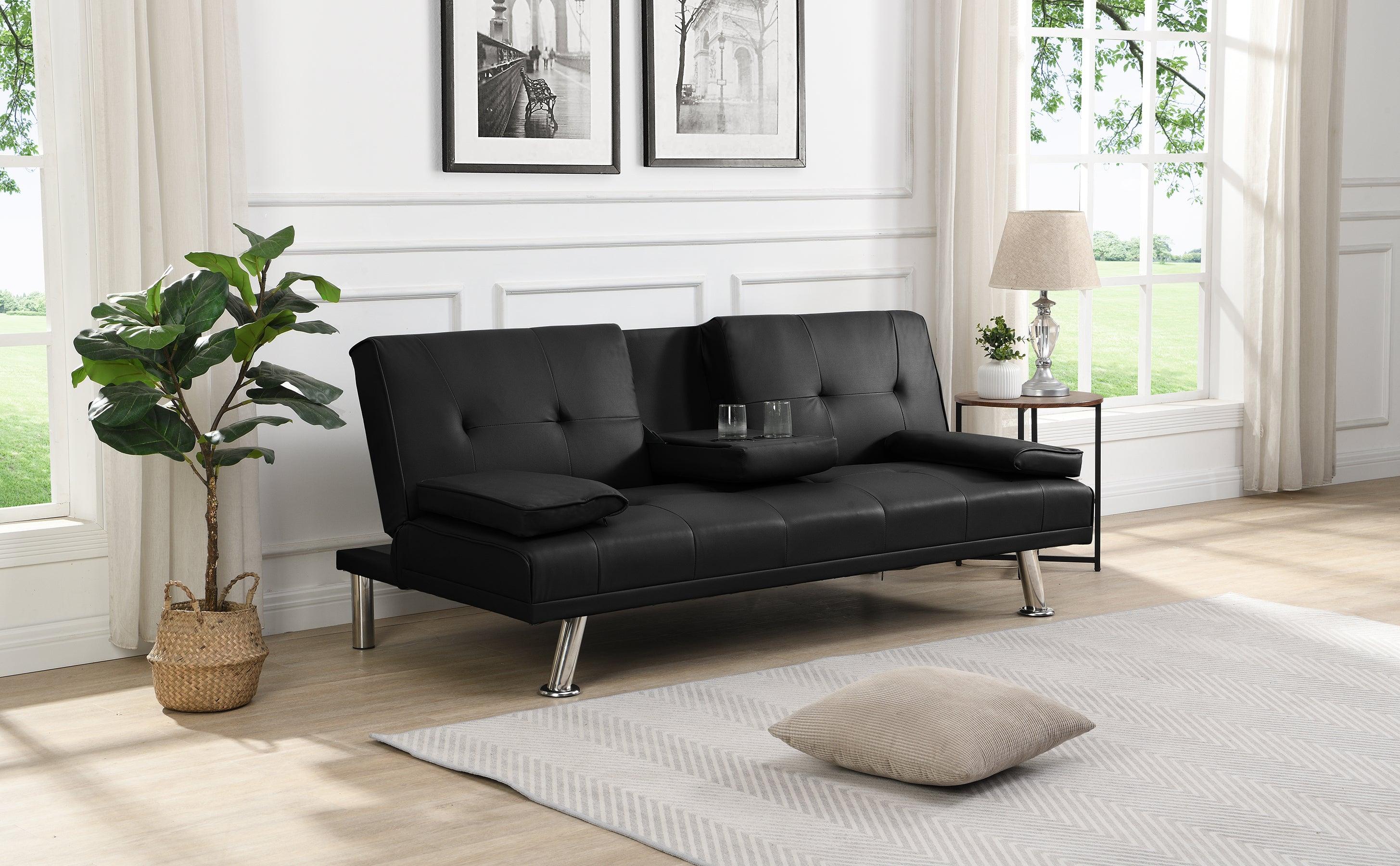 sofa bed with Armrest two holders  WOOD FRAME, STAINLESS LEG, FUTON BLACK  PVC image