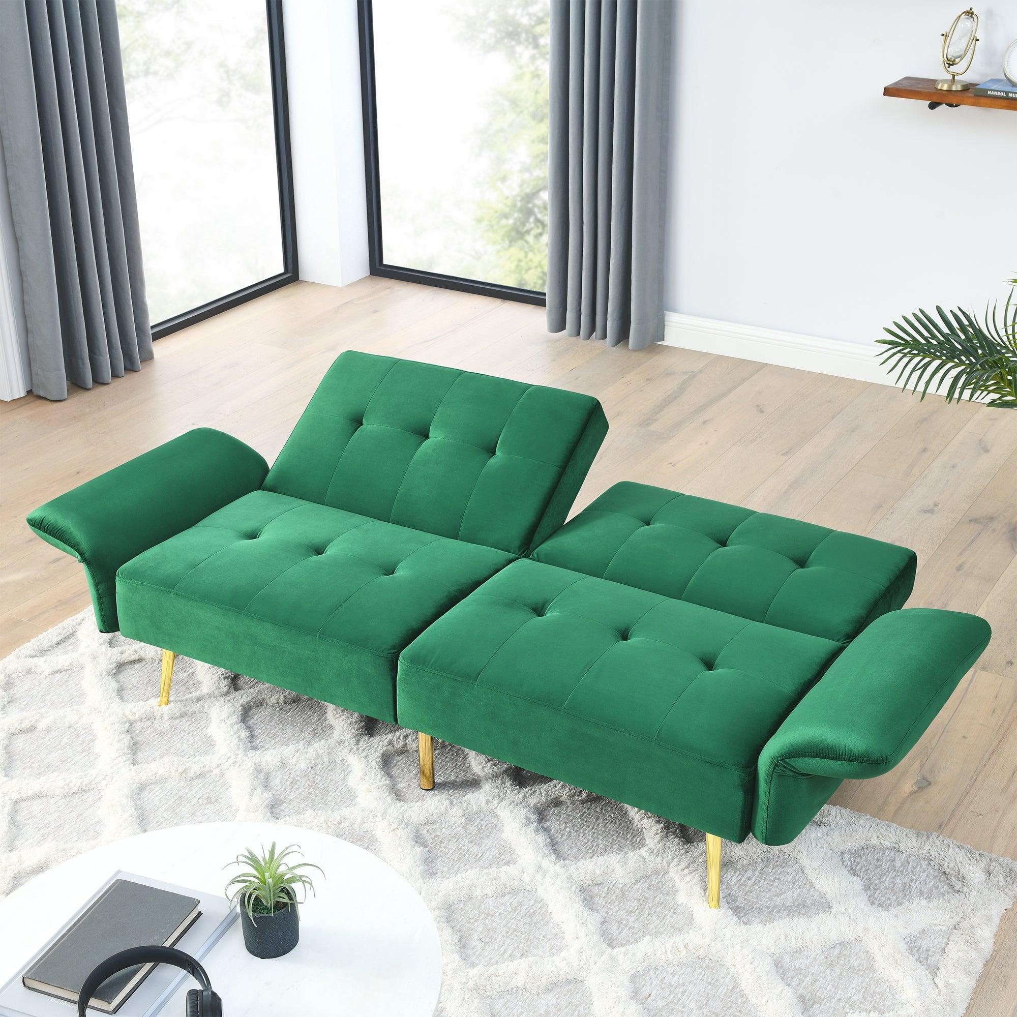 78" Italian Velvet Futon Sofa Bed, Convertible Sleeper Loveseat Couch with Folded Armrests andStorage Bags for Living Room and Small Space, Green 280g velvet