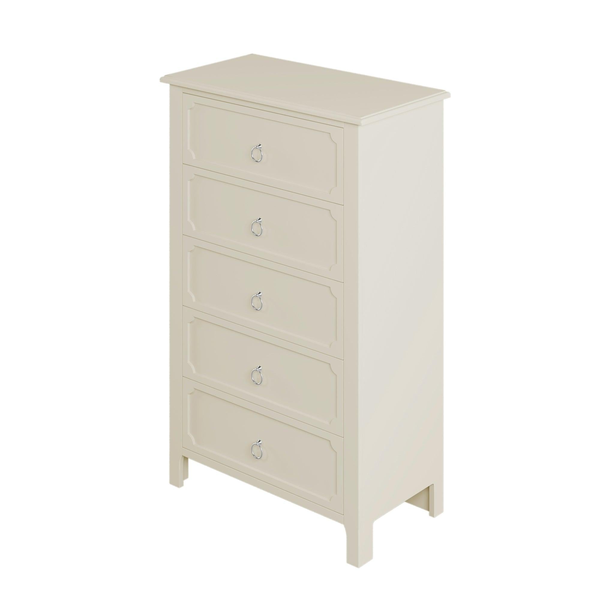 Milky White Rubber Wooden Chest Five Large Drawers Silver Metal Handles for Living Room Guest Room Bedroom