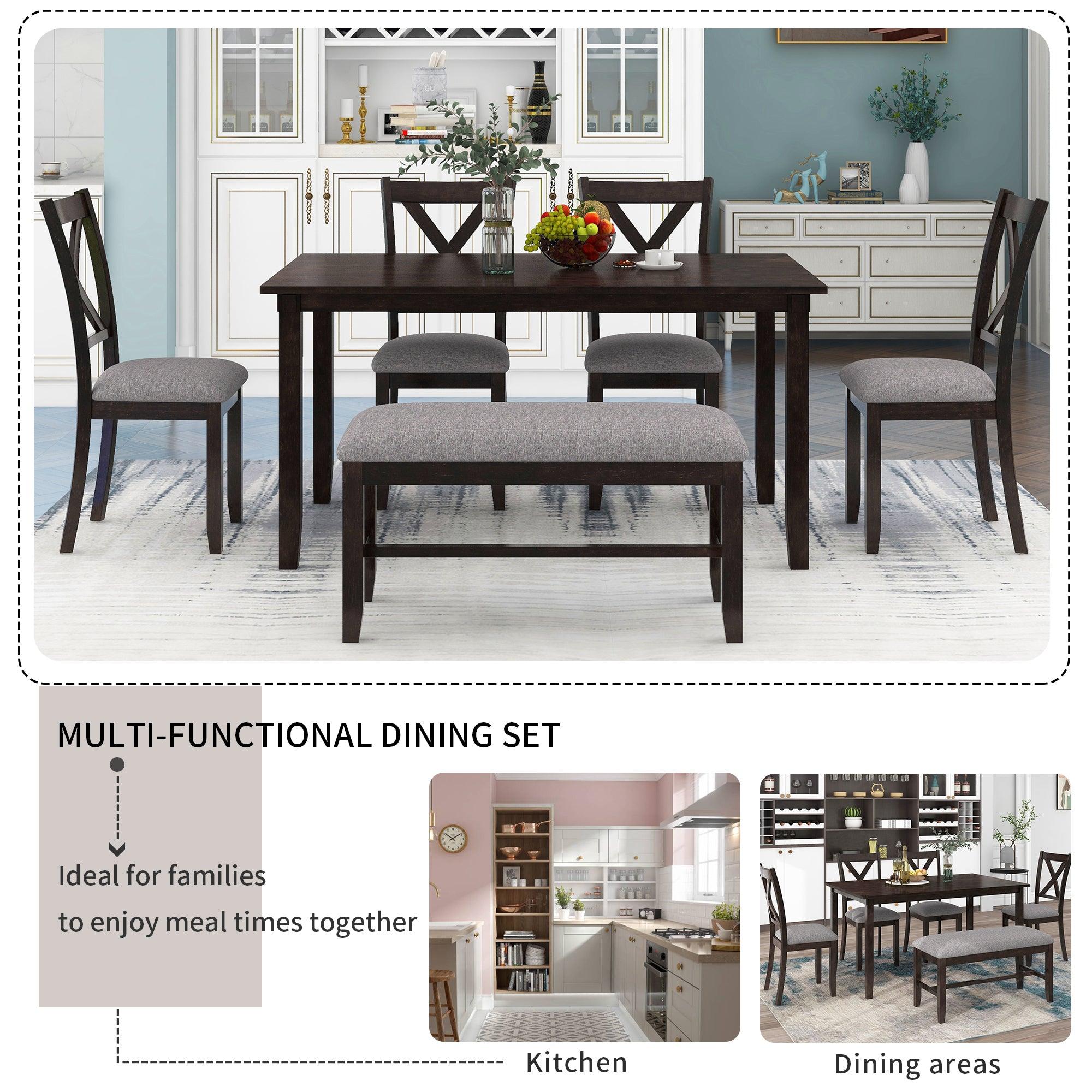 6-Piece Kitchen Dining Table Set Wooden Rectangular Dining Table, 4 Fabric Chairs and Bench Family Furniture (Espresso)