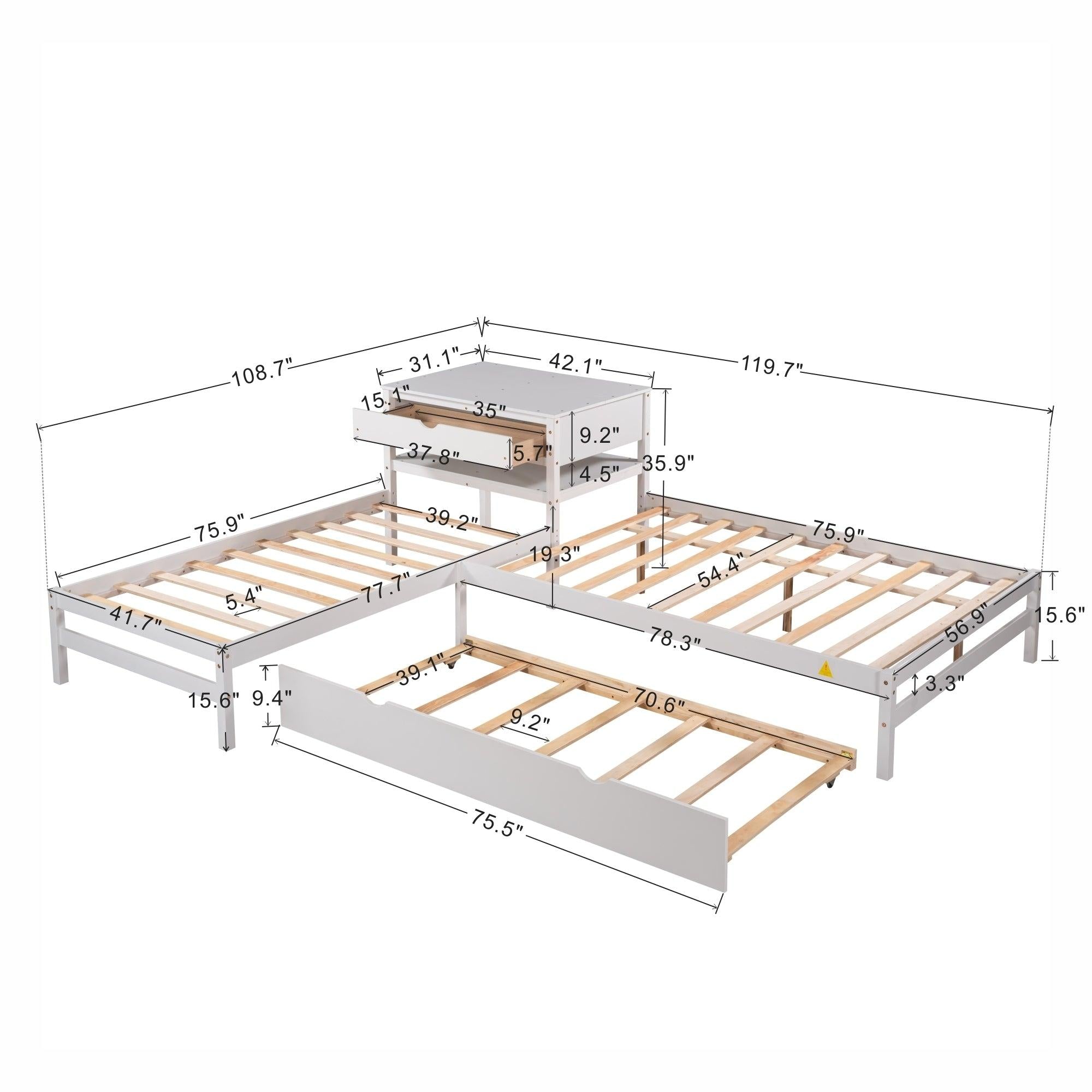 L-Shaped Full Size and Twin Size Platform Beds with Twin Size Trundle and Drawer Linked with Built-in Rectangle Table,White