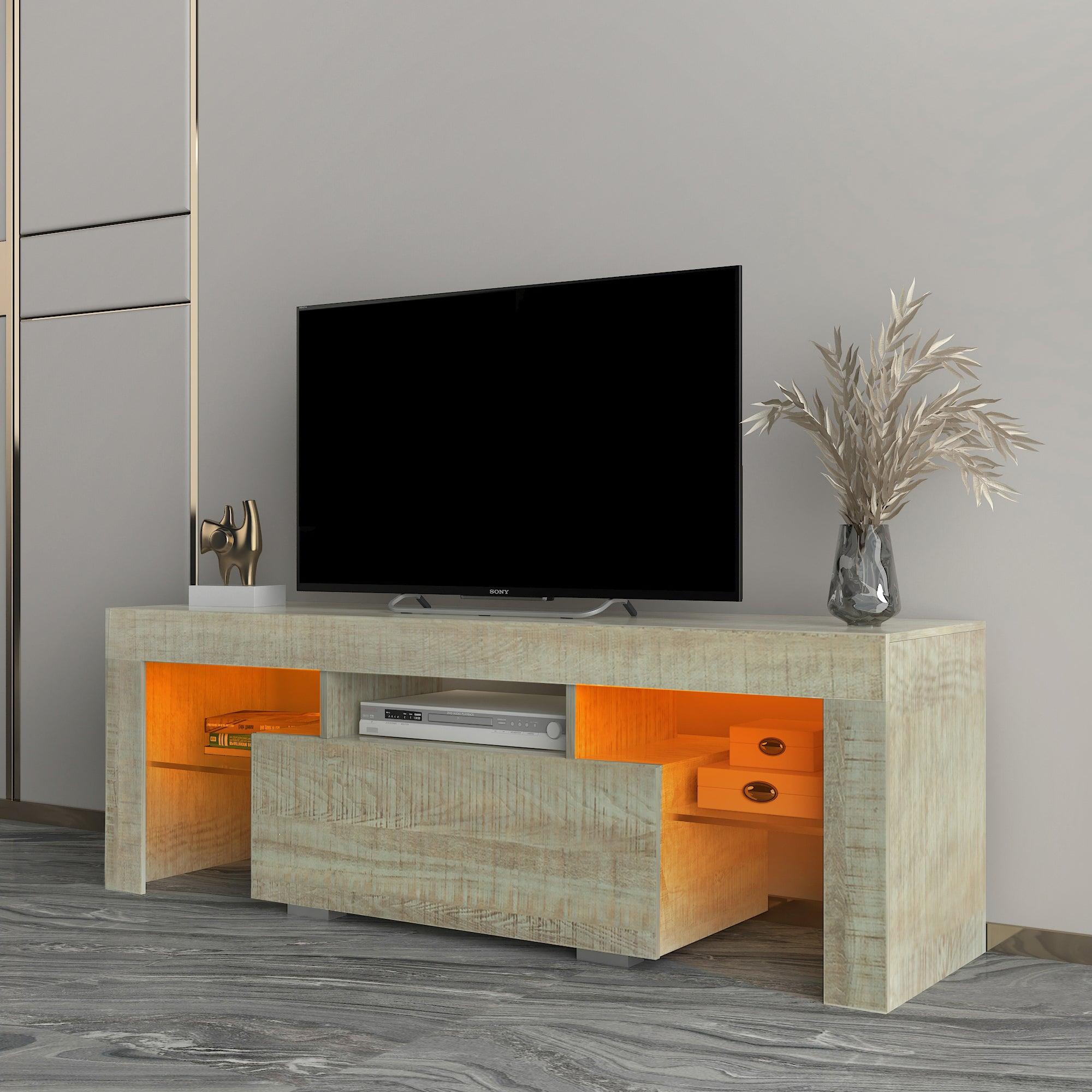 TV Stand with LED RGB Lights,Flat Screen TV Cabinet, Gaming Consoles - in Lounge Room, Living Room and Bedroom，GREY OAK