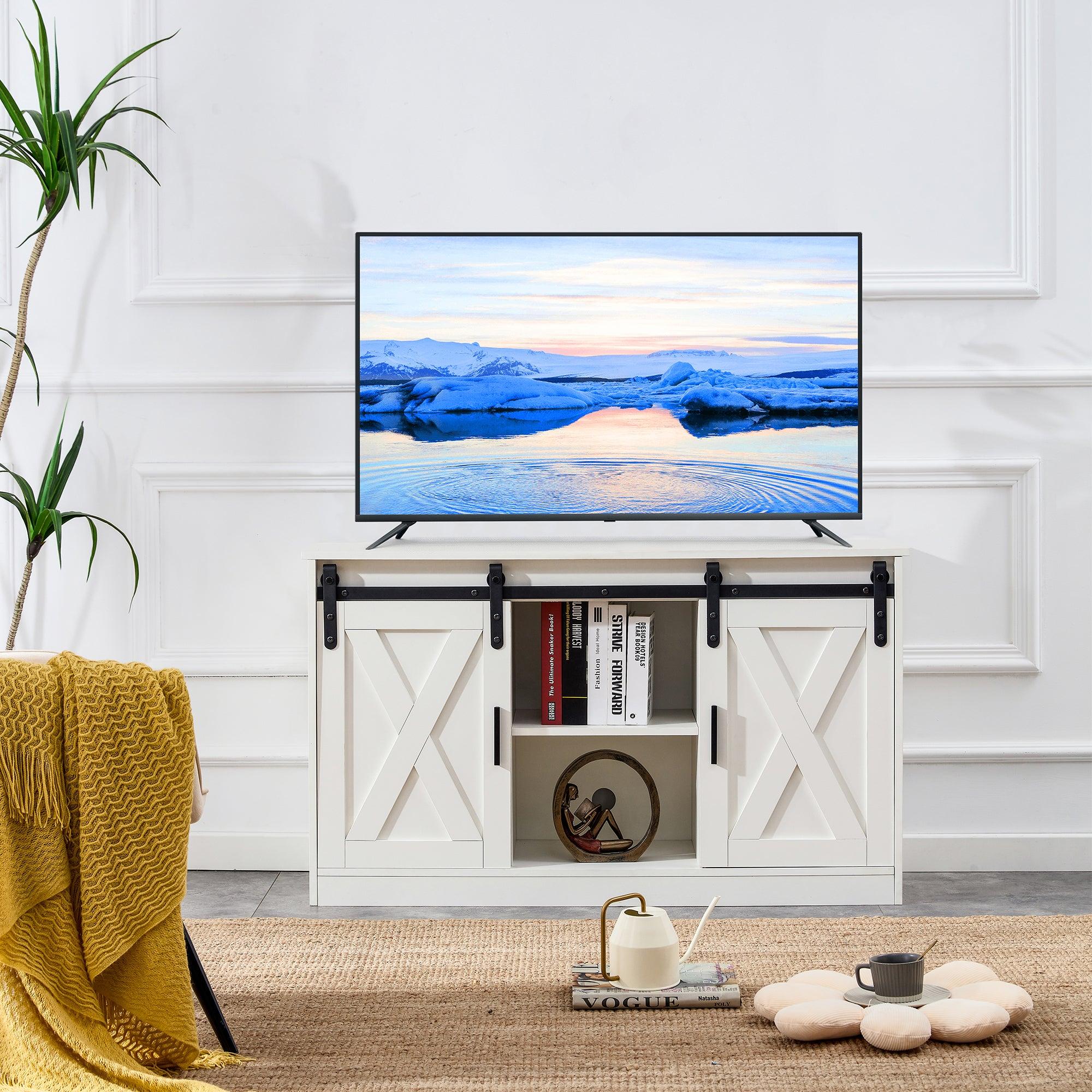 White decorative wooden TV /Storage cabinet with two sliding barn doors, available for bedroom, living room,corridor. image