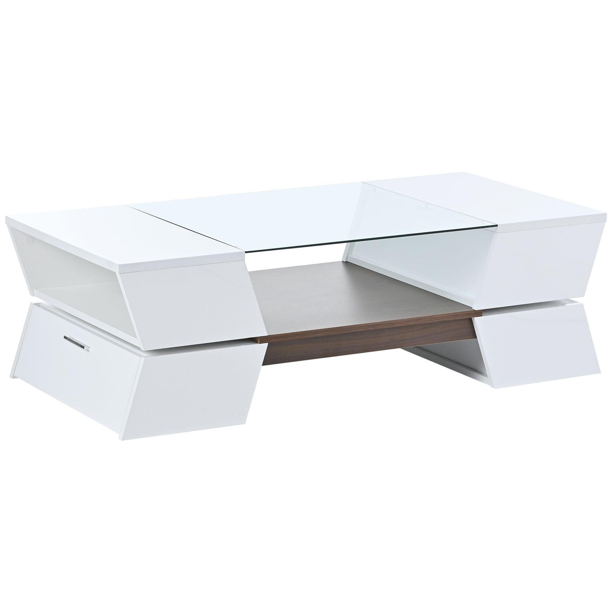 6mm Glass-Top Coffee Table with Open Shelves and Cabinets, Geometric Style Cocktail Table with GreatStorage Capacity,Modernist 2-Tier Center Table for Living Room, White