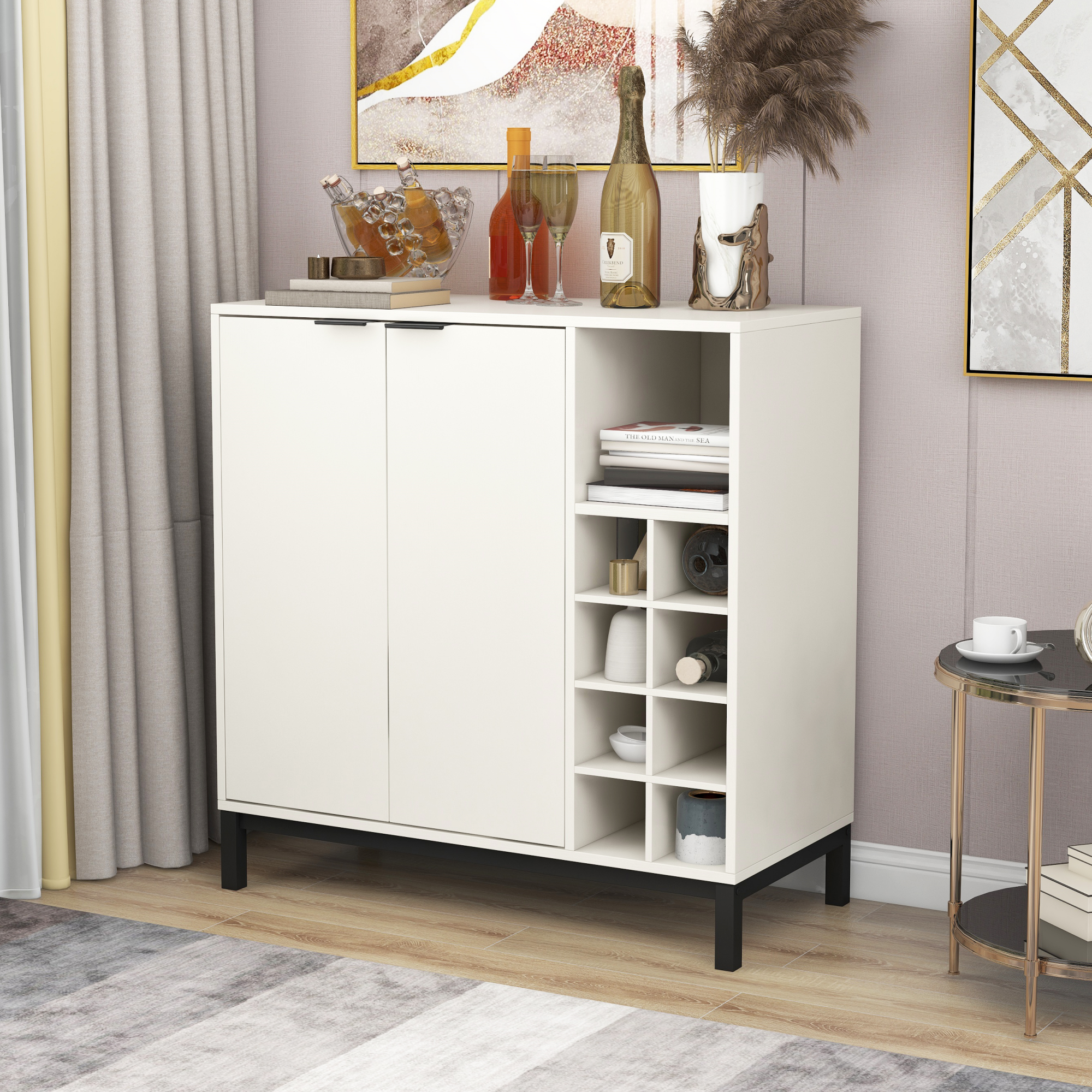 Sideboards and Buffets WithStorage Coffee Bar Cabinet Wine RacksStorage Server Dining Room Console 34 Inch（White） image