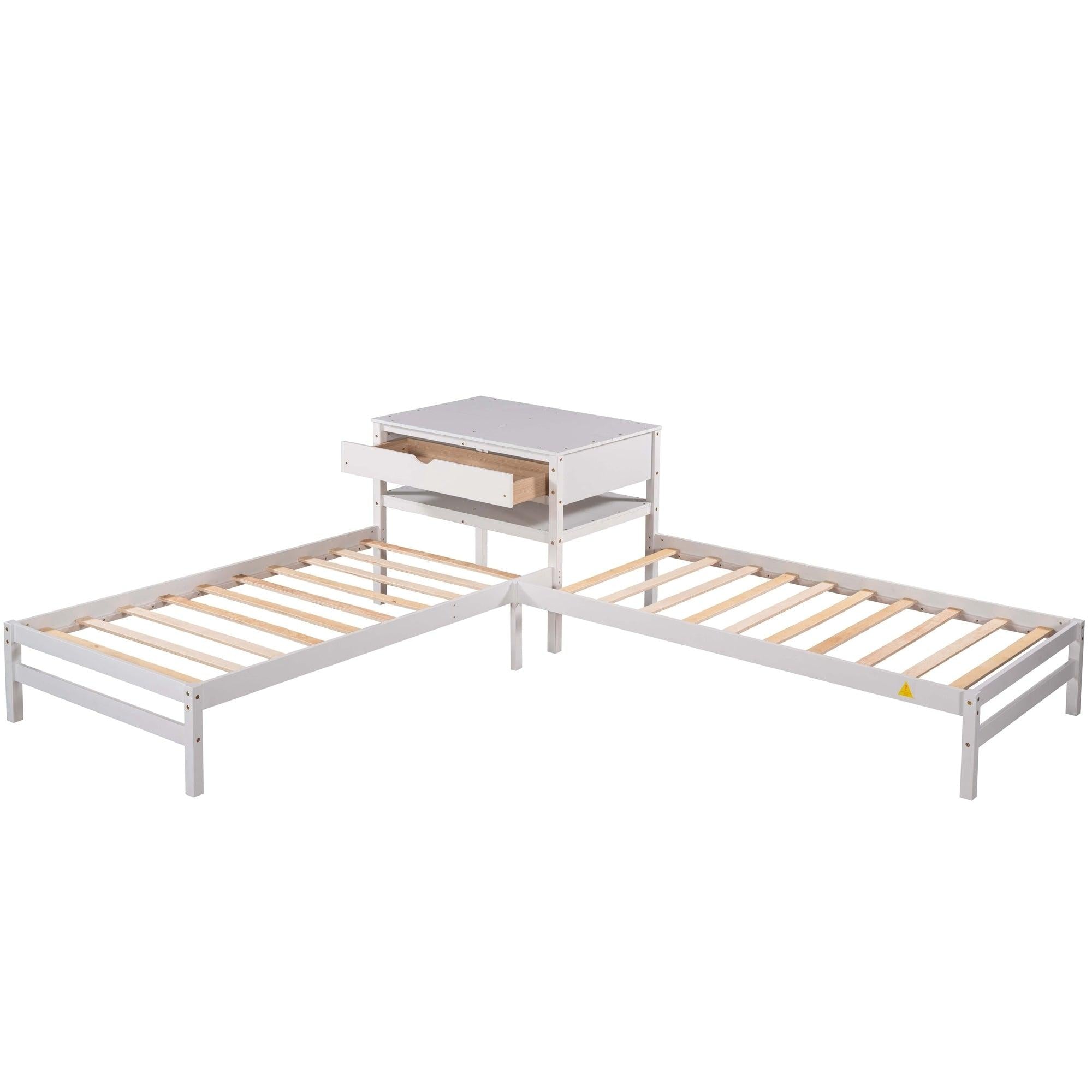 Twin Size L-Shaped Platform Beds with Drawer Linked with Built-in Rectangle Table,White