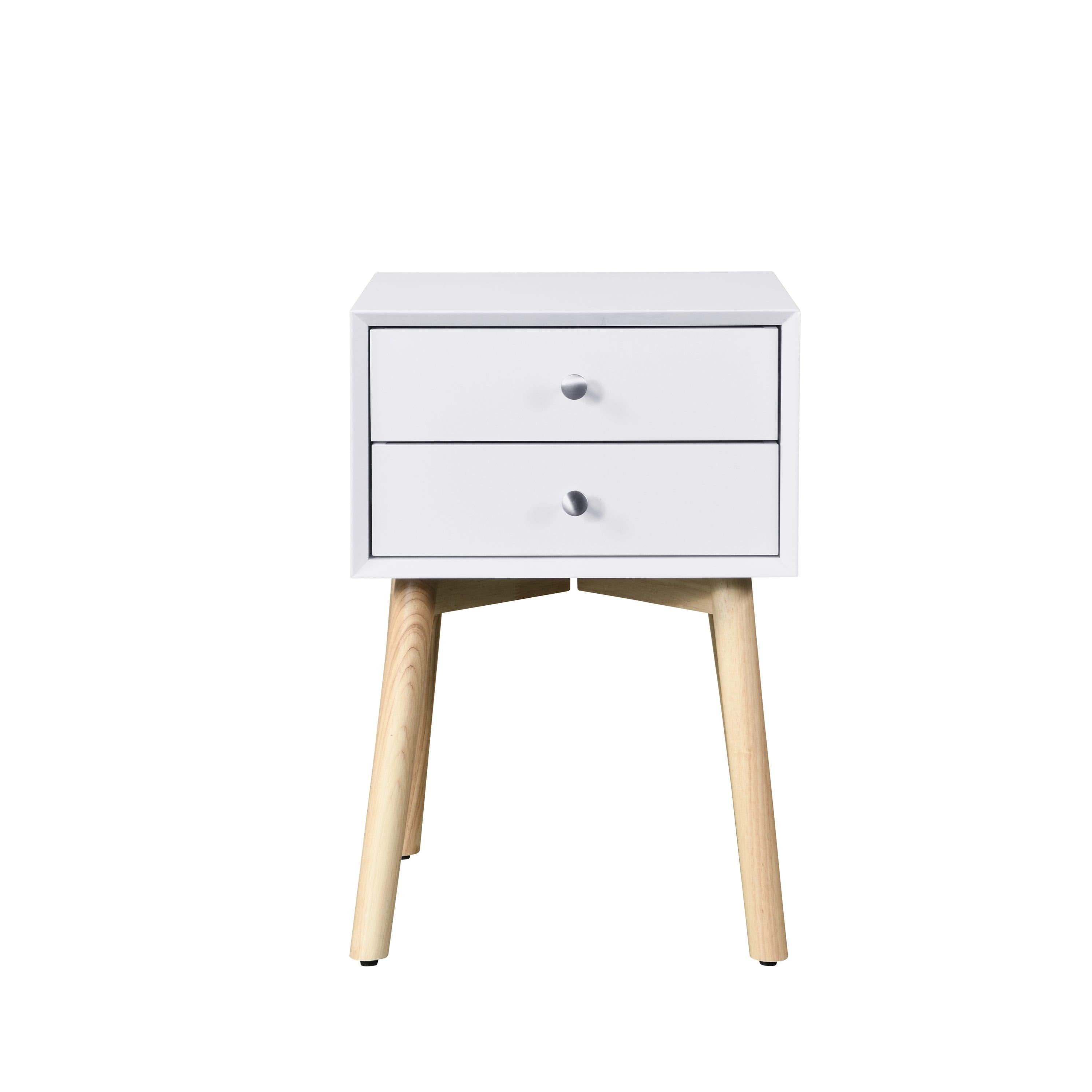 Side Table,Bedside Table with 2 Drawers and Rubber Wood Legs, Mid-CenturyModernStorage Cabinet for Bedroom Living Room, White