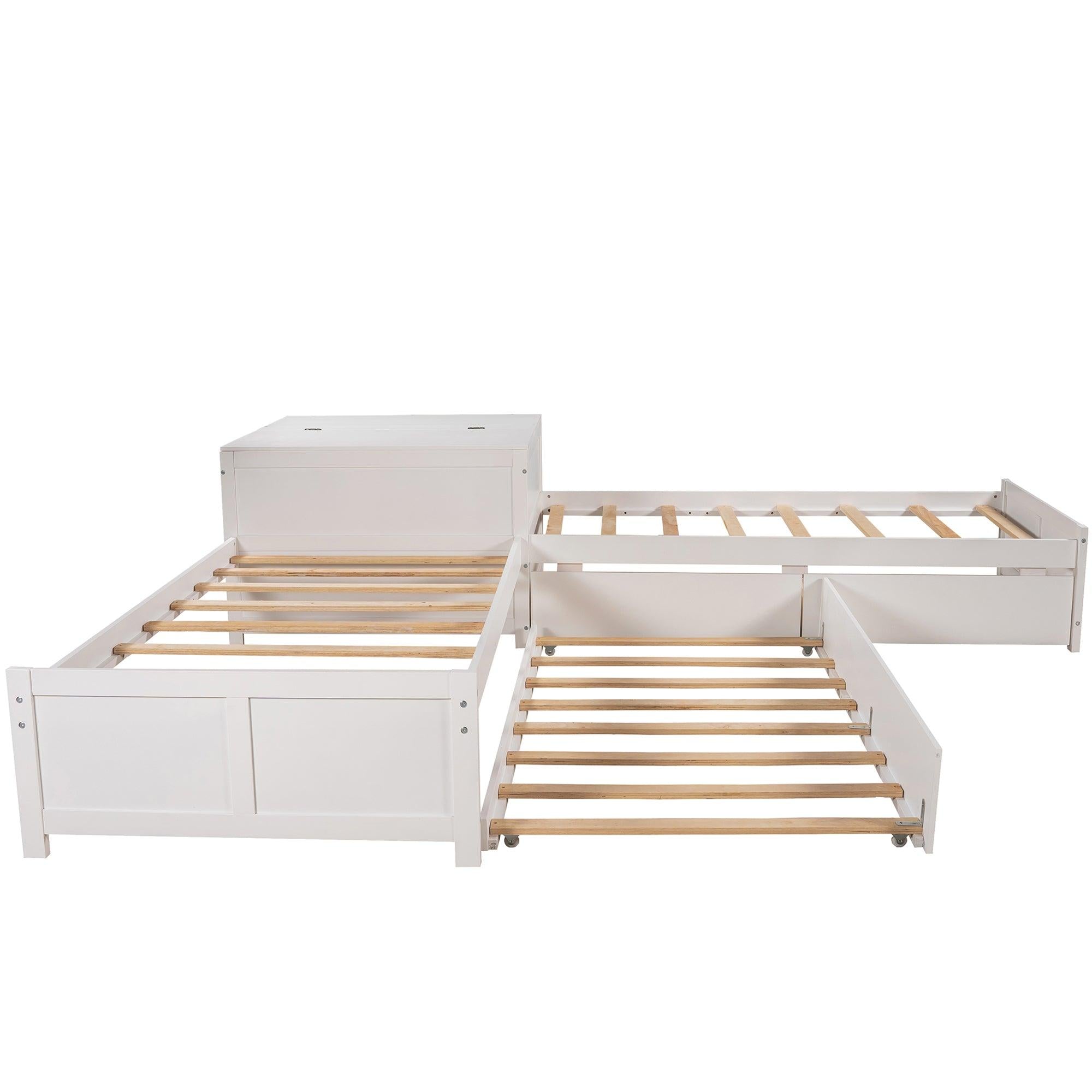 L-shaped Platform Bed with Trundle and Drawers Linked with built-in Flip Square Table,Twin,White