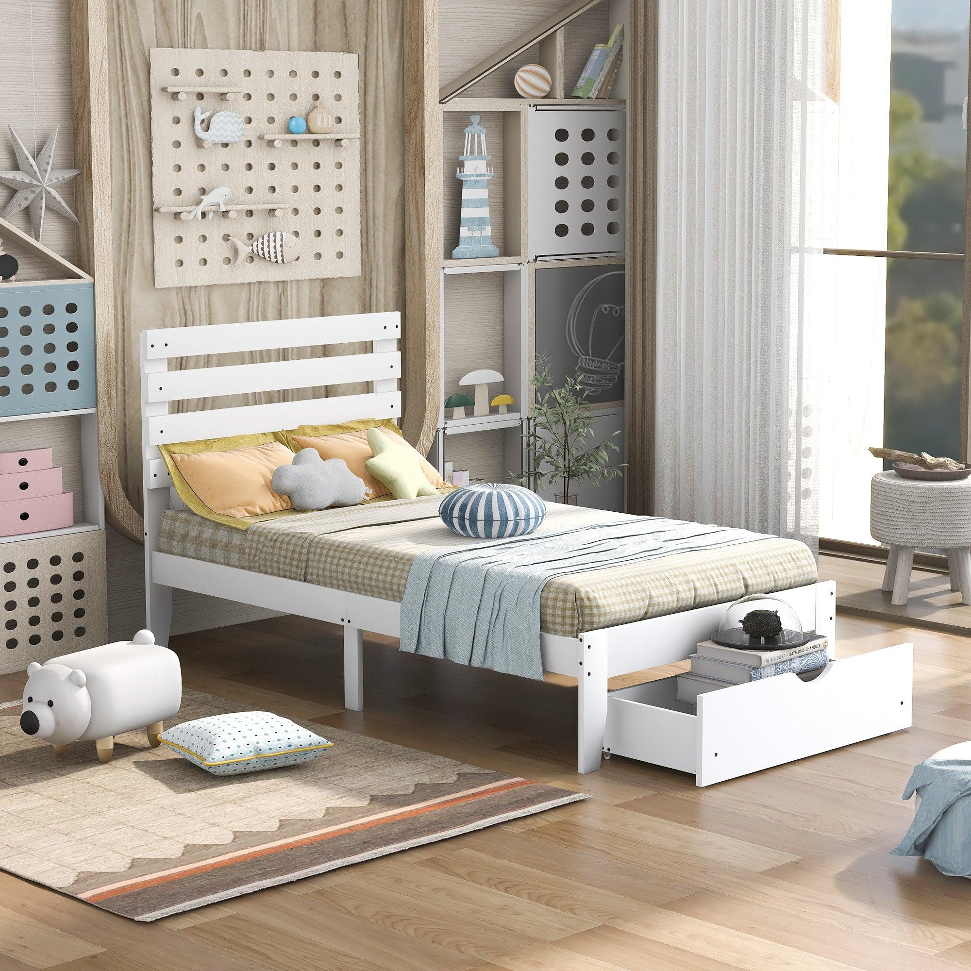 Twin Size Platform Bed with Drawer, White image