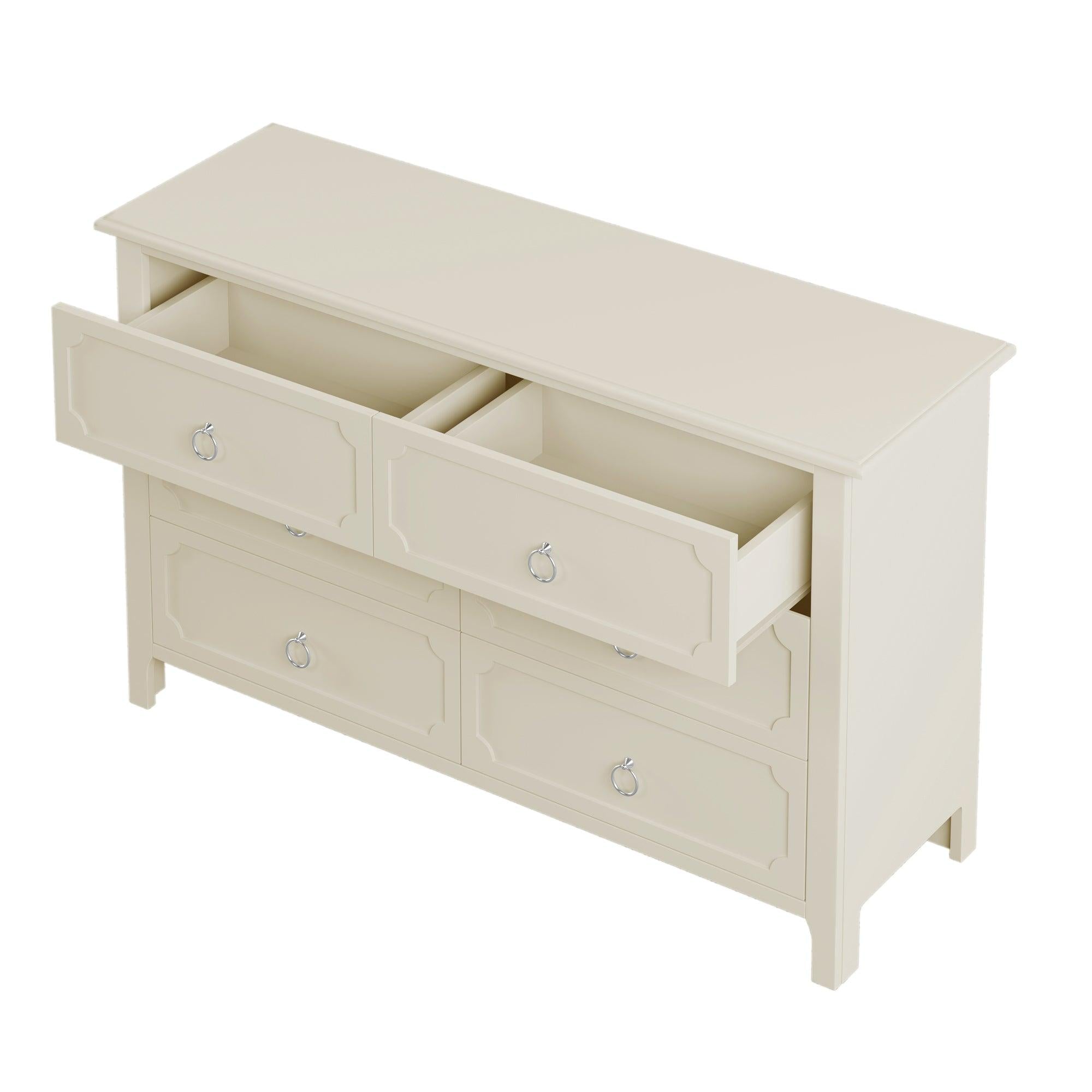 Milky White Rubber Wooden Dresser Six Large Drawers Silver Metal Handles for Living Room Guest Room Bedroom