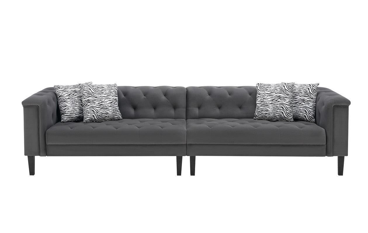 Mary Dark Gray Velvet Tufted Sofa Ottoman Living Room Set With 4 Accent Pillows