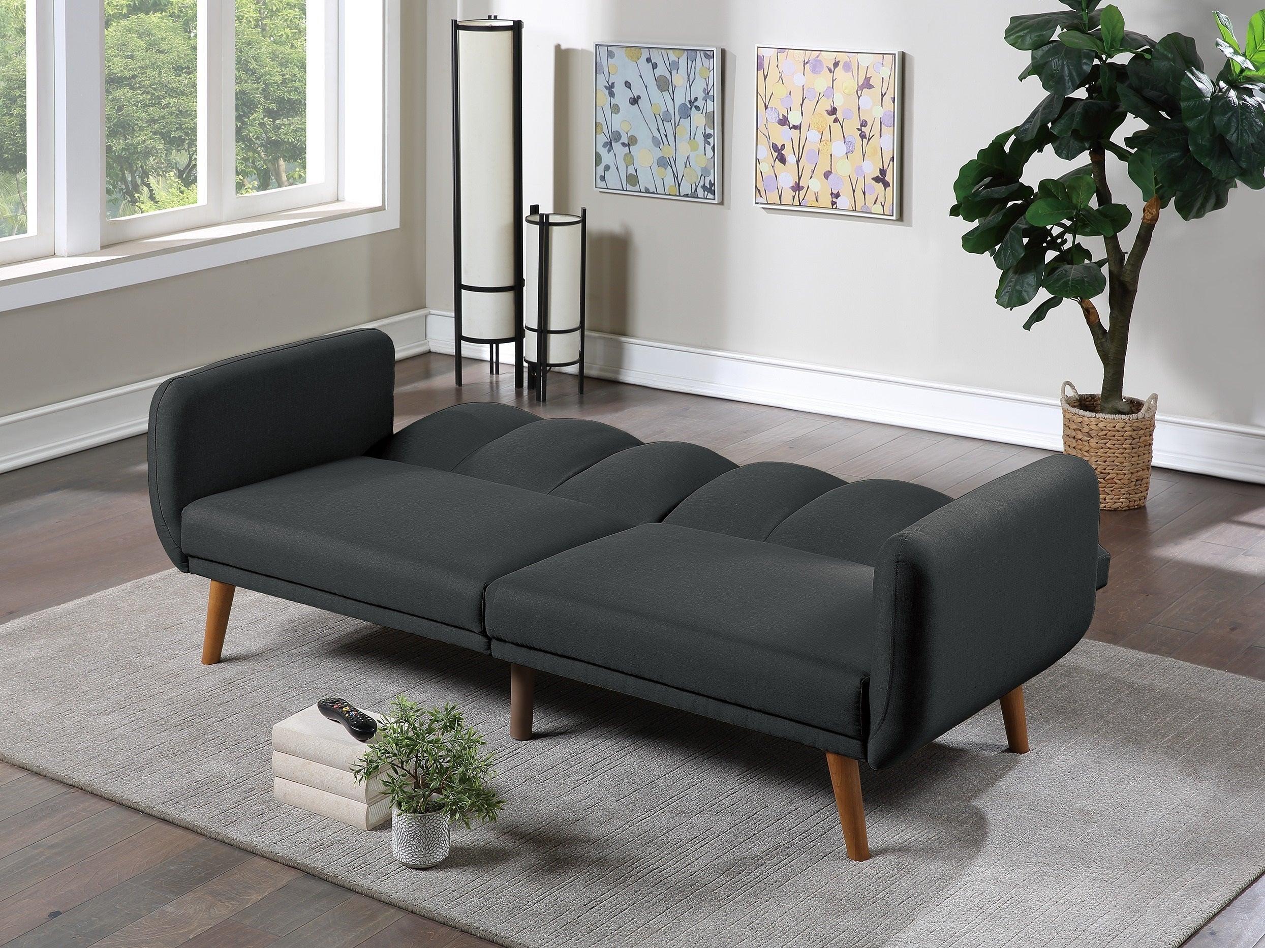 ElegantModern Sofa Black Polyfiber 1pc Sofa Convertible Bed Wooden Legs Living Room Lounge Guest Furniture