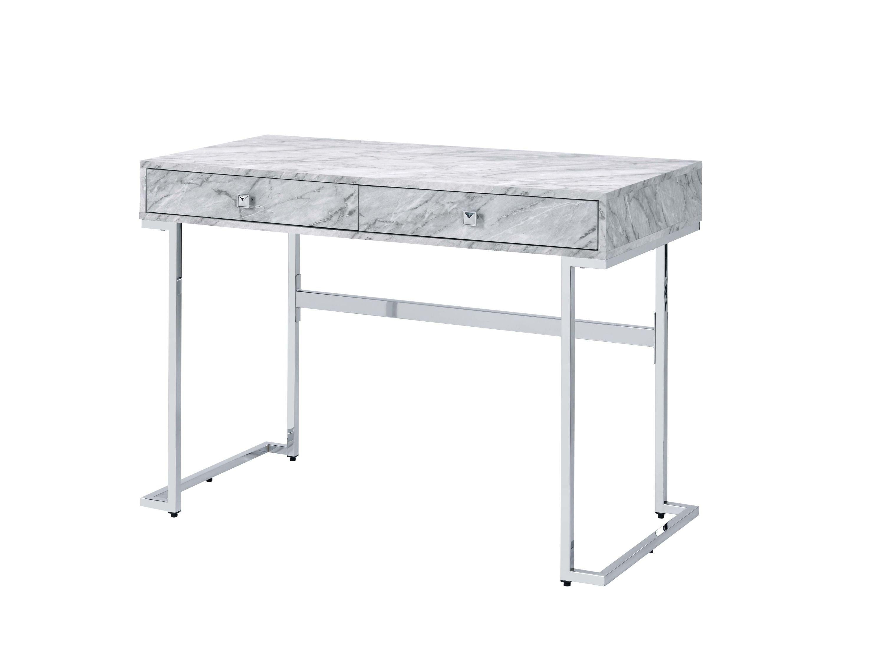 ACME Tigress Writing Desk, White Printed Faux Marble & Chrome Finish 92615 image