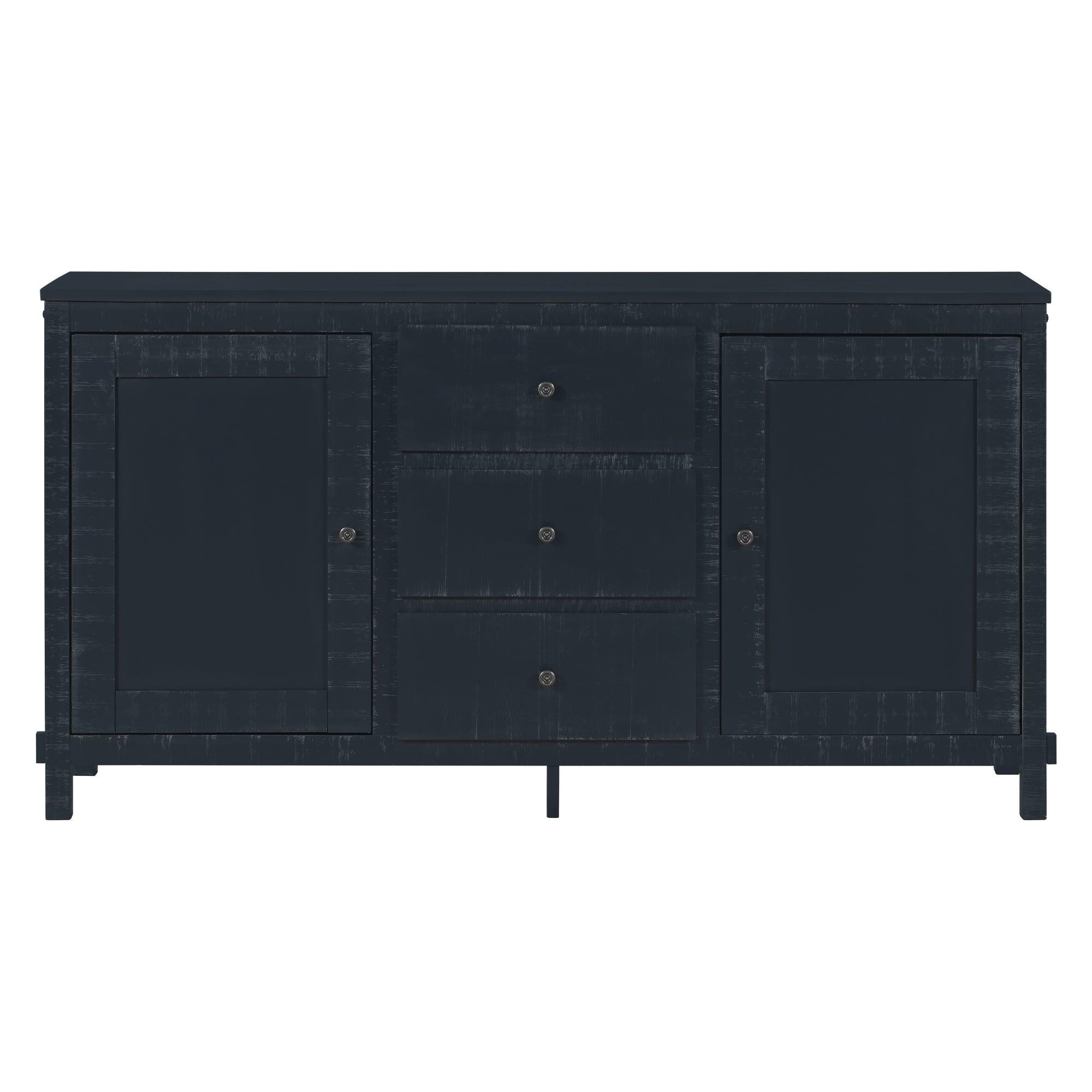 Retro Solid Wood Buffet Cabinet with 2Storage Cabinets, Adjustable Shelves and 3 Drawers for Living Room (Antique Black)