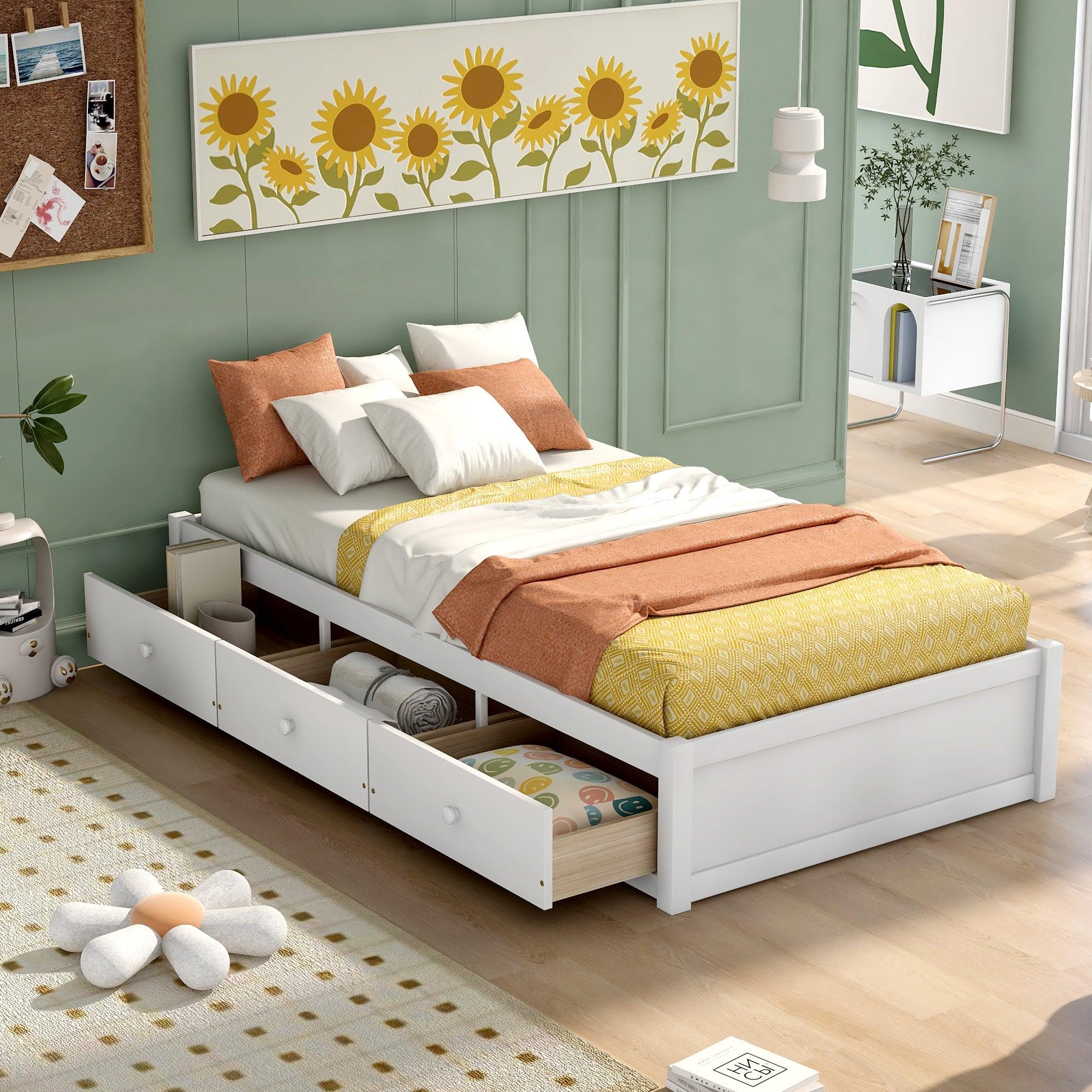 Twin Size PlatformStorage Bed with 3 Drawers,White