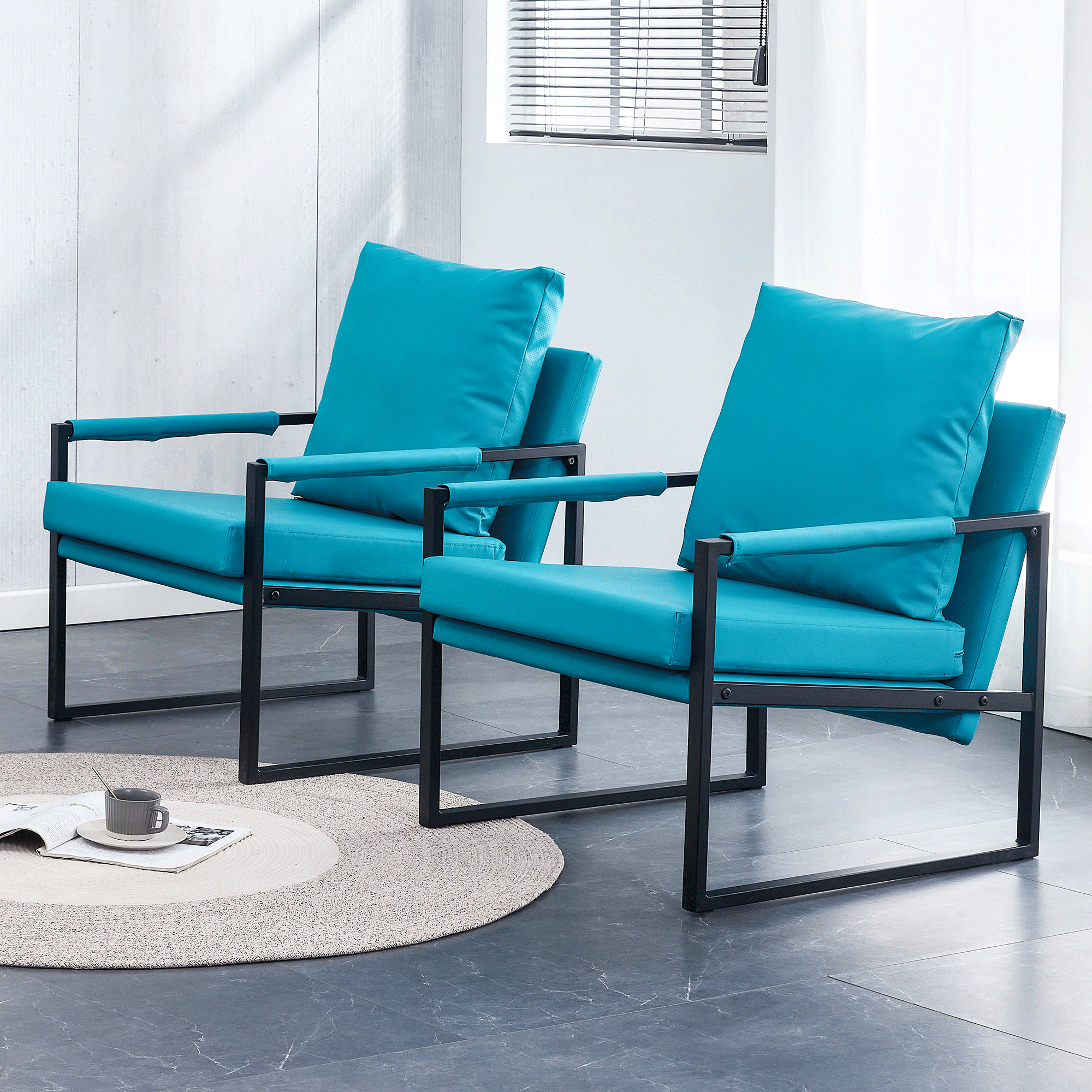 PU Leather Accent Arm Chair Mid CenturyModern Upholstered Armchair with Metal Frame Extra-Thick Padded Backrest and Seat Cushion Sofa Chairs for Living Room ( Cyan PU Leather + Metal + Foam )