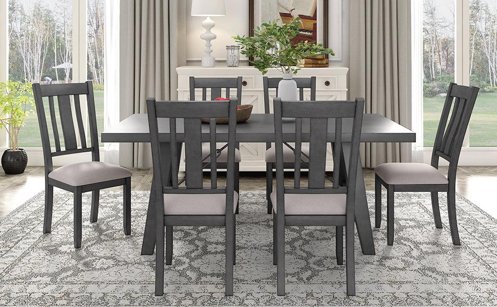 7-Piece Dining Room Set - 72" Industrial Style Rectangular Table with Chain Bracket and 6 Dining Chairs (Gray)