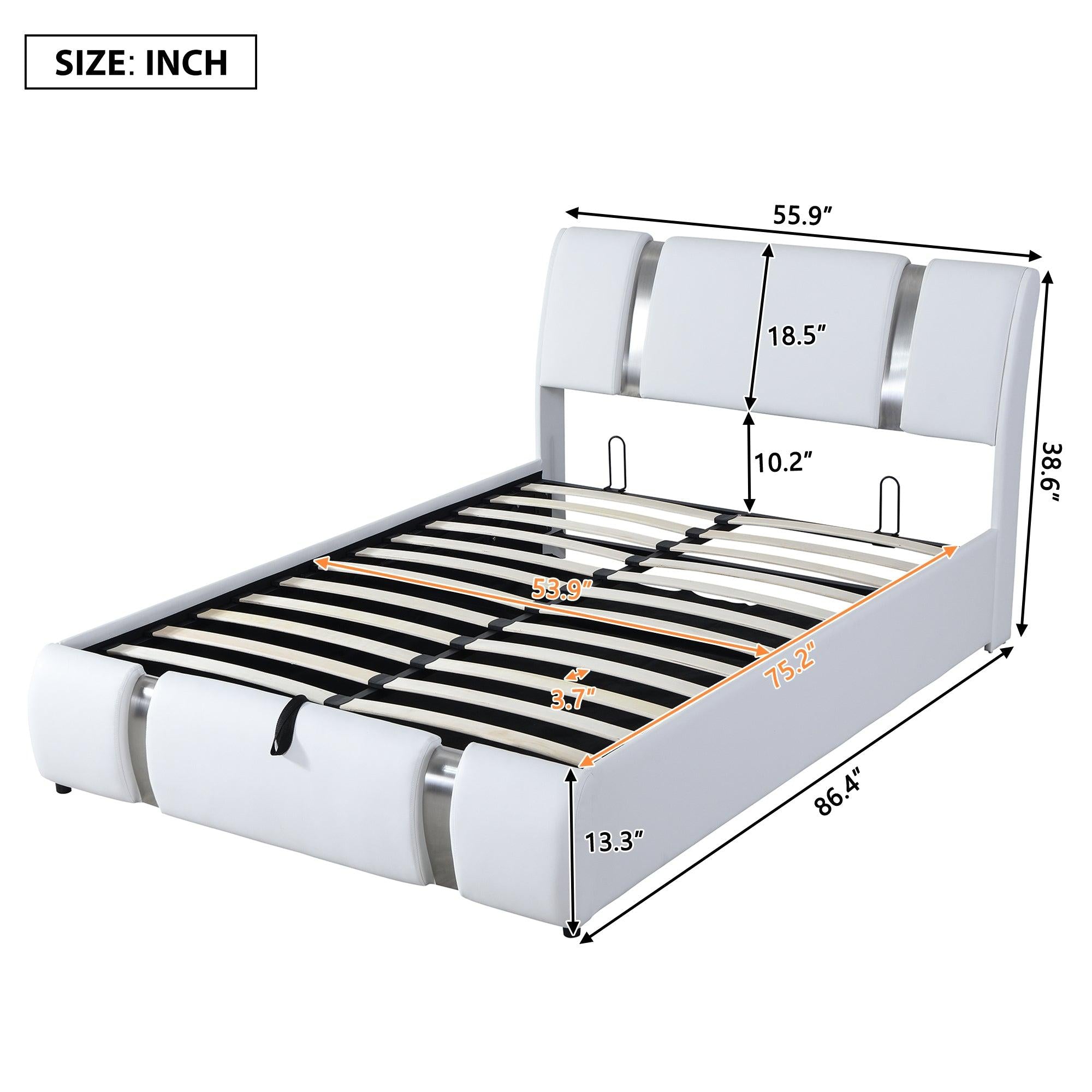 Full Size Upholstered Faux Leather Platform bed with a HydraulicStorage System, White