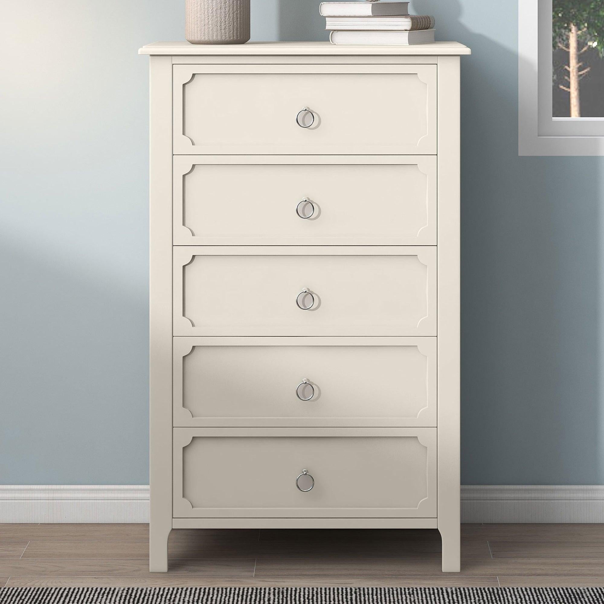 Milky White Rubber Wooden Chest Five Large Drawers Silver Metal Handles for Living Room Guest Room Bedroom