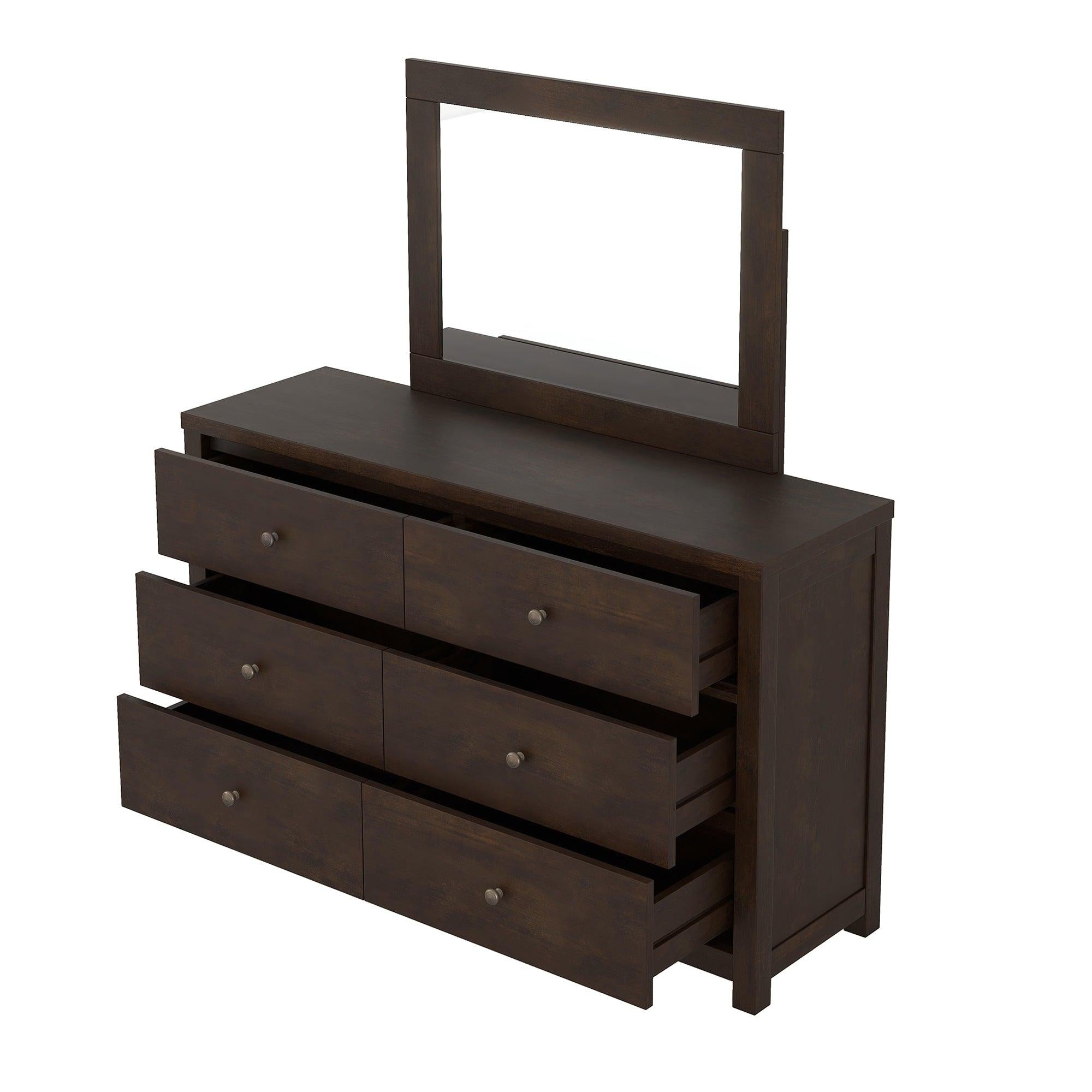 Vintage Aesthetic Solid Wood 6 Drawer Double Dressing Set in Rich Brown (Dresser + Mirror)