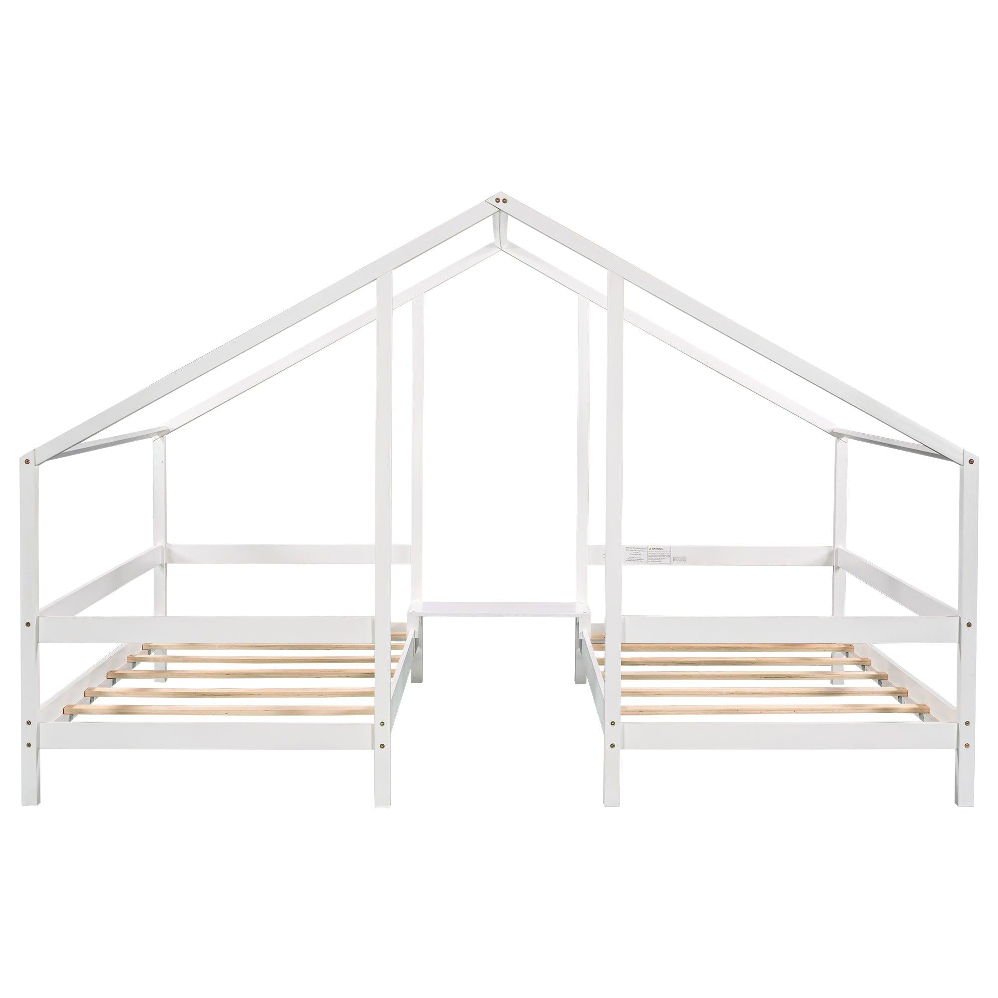 Double Twin Size Triangular House Beds with Built-in Table,White