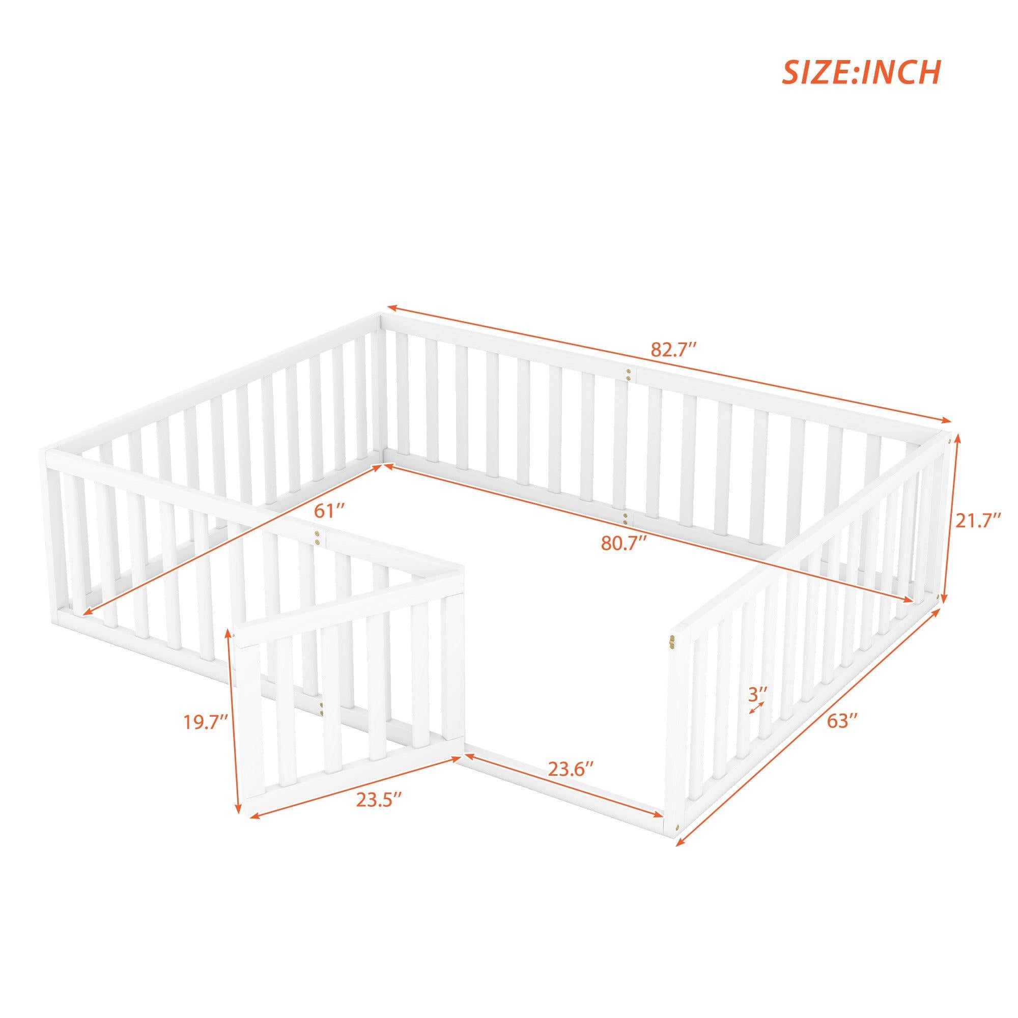 Queen  Size Wood Floor Bed Frame with Fence and Door, White