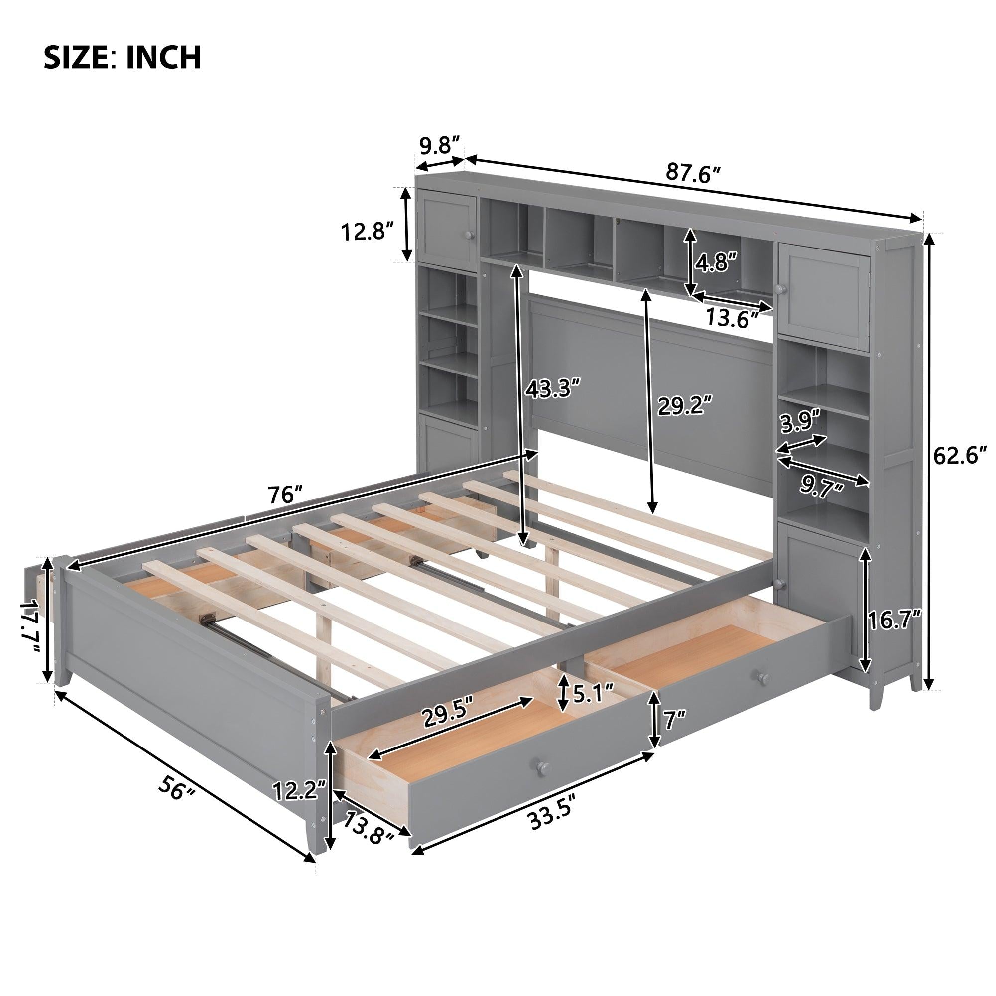 Full Size Wooden Bed With All-in-One Cabinet and Shelf, Gray