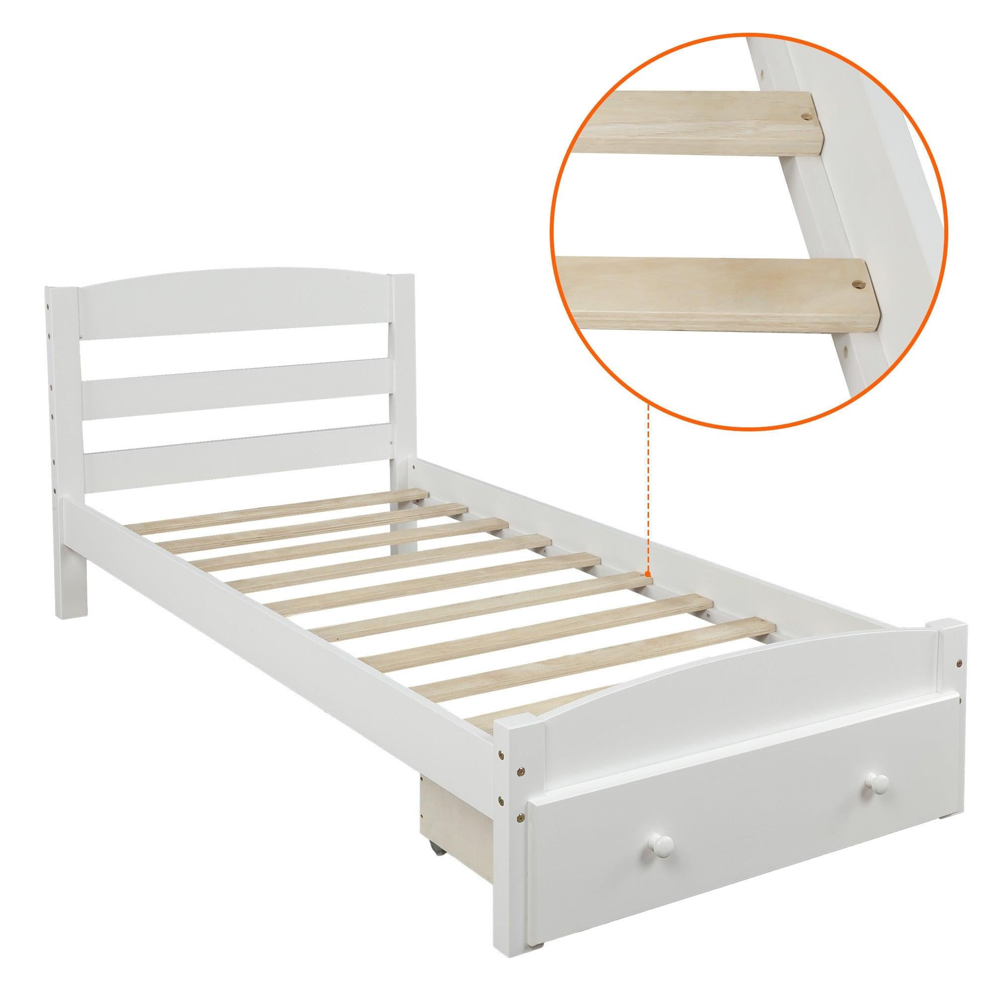 Platform Twin Bed Frame withStorage Drawer and Wood Slat Support No Box Spring Needed, White