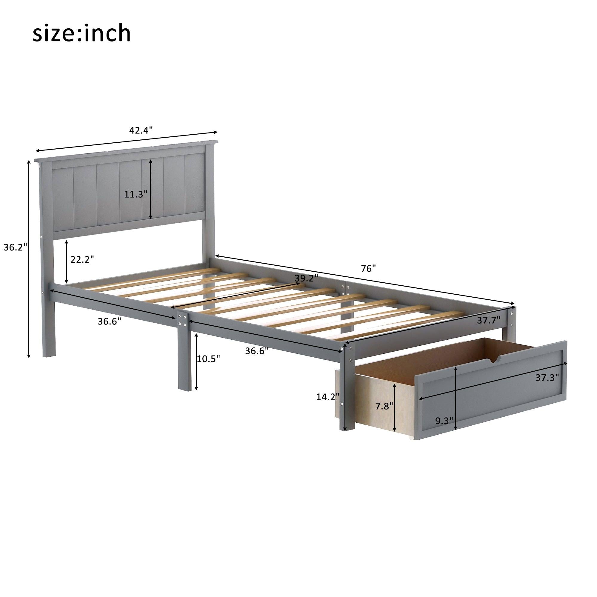 Twin Size Platform Bed with Under-bed Drawer, Gray