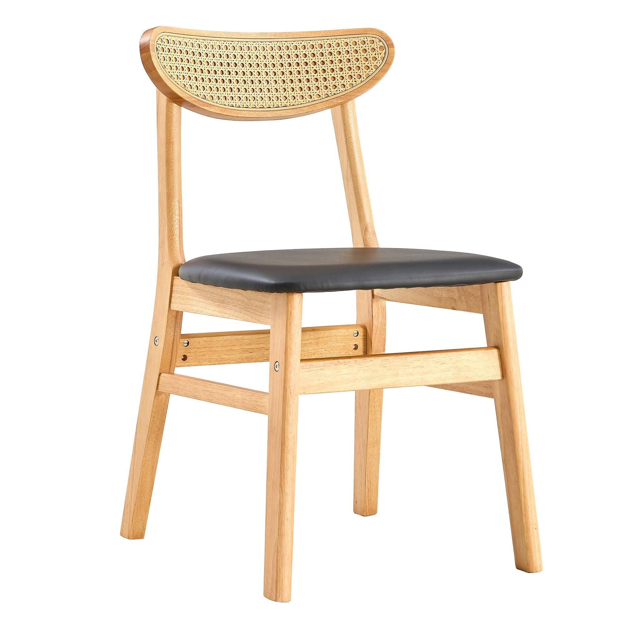 Solid Wood Dining Chair Stylish and Durable Small with Curved Backrest, PU+Foam Cushion, and Plastic Rattan Surface - Perfect for Any Room Décor and Daily Use (Set of 4)