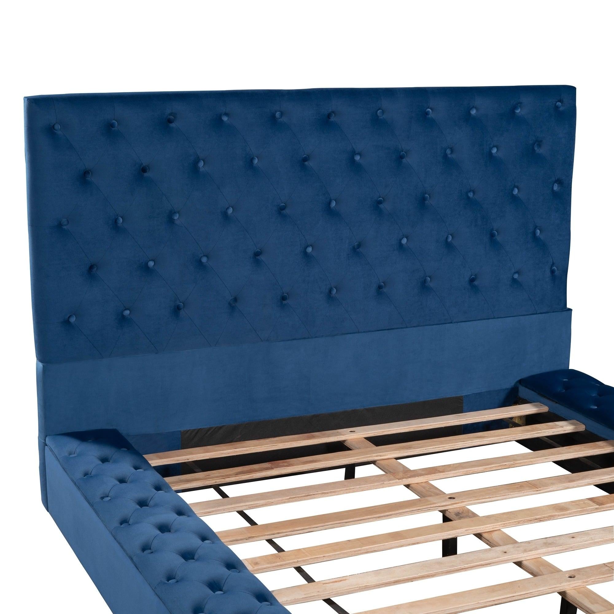 Queen Size Upholstery Low ProfileStorage Platform Bed withStorage Space on both Sides and Footboard,Blue