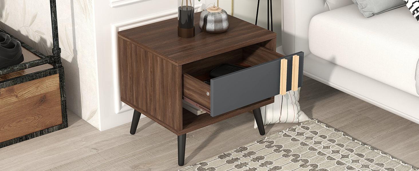 Wooden Nightstand  End Table for Bedroom,Gray+Walnut